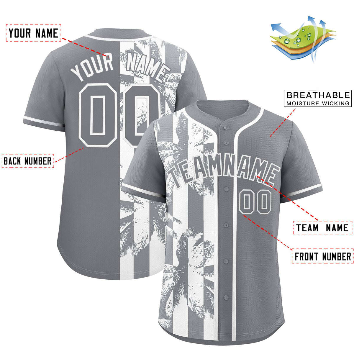 Custom Gray White Split Fashion Coconut Tree Design Authentic Baseball Jersey