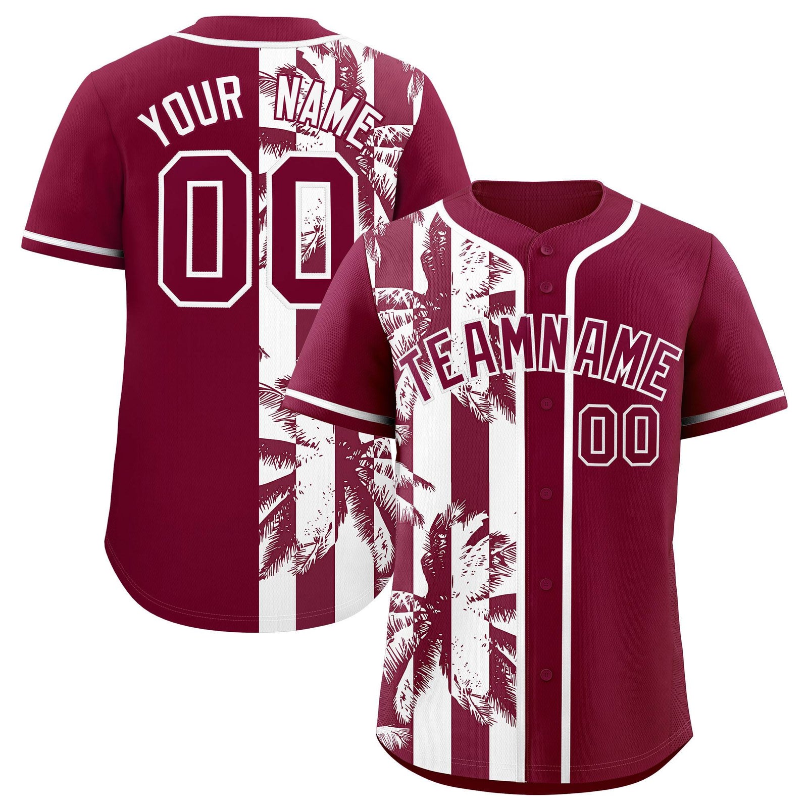 Custom Crimson White Split Fashion Coconut Tree Design Authentic Baseball Jersey