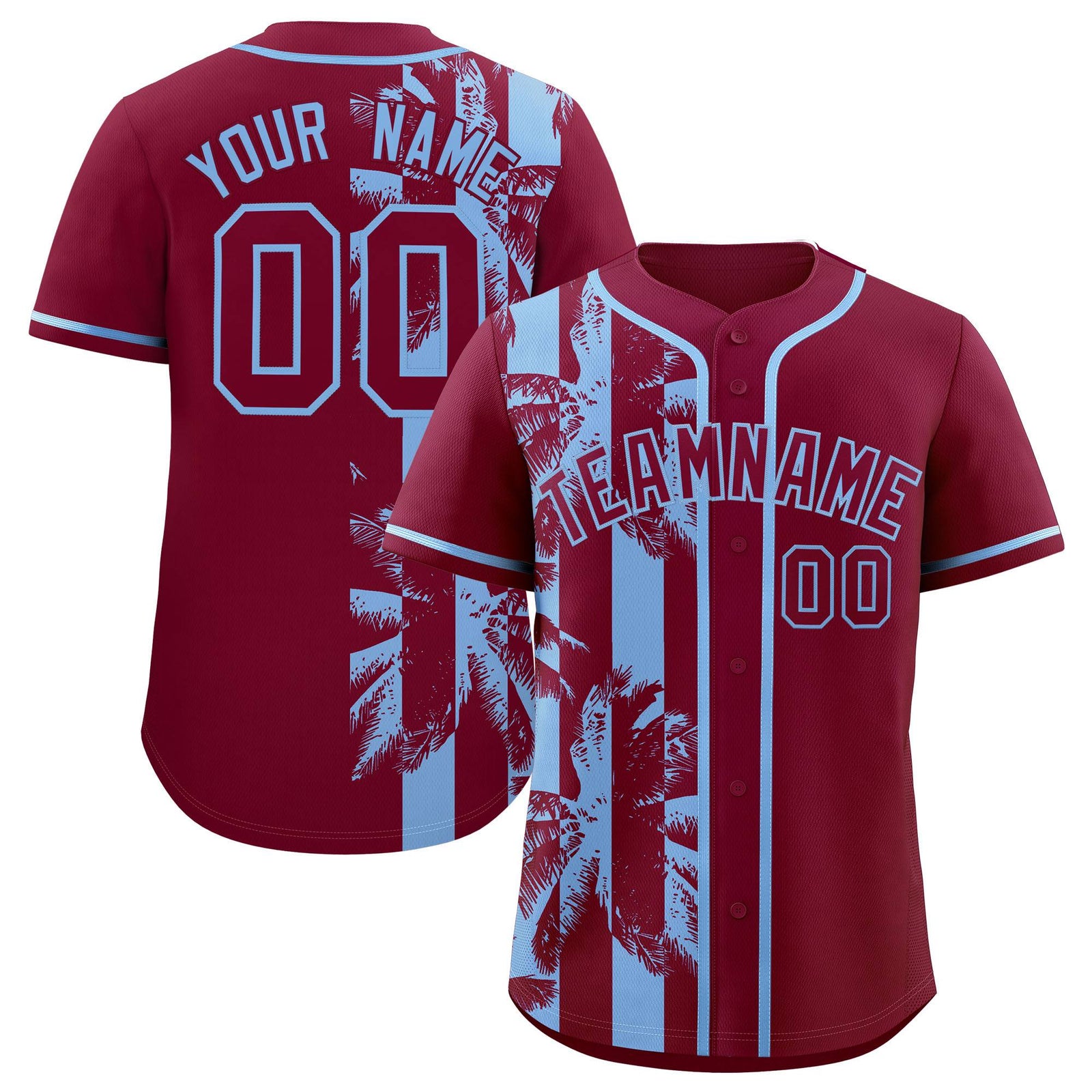Custom Crimson Powder Blue Split Fashion Coconut Tree Design Authentic Baseball Jersey