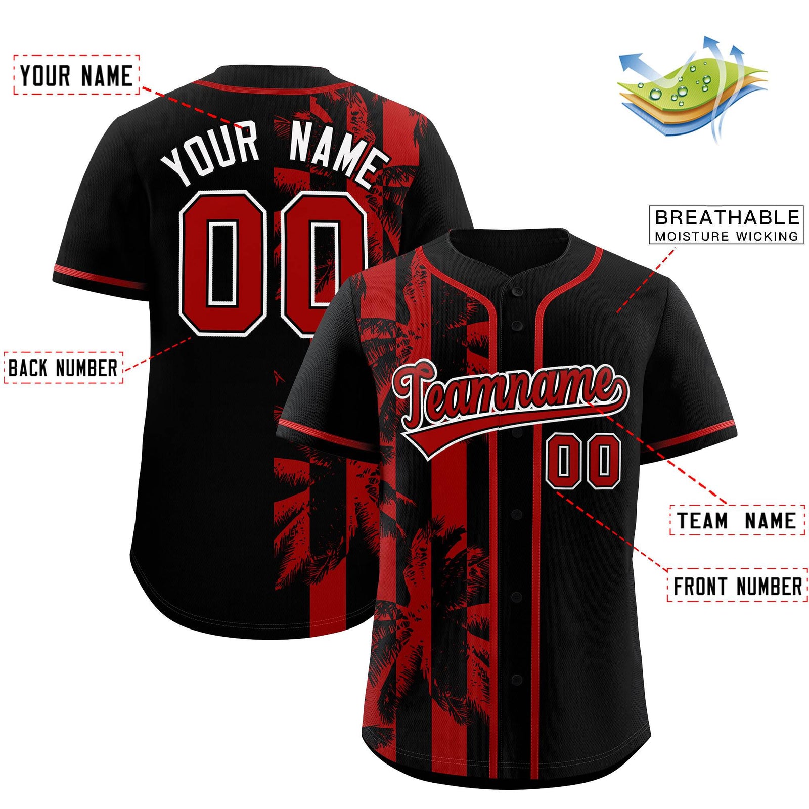Custom Black Red Split Fashion Coconut Tree Design Authentic Baseball Jersey