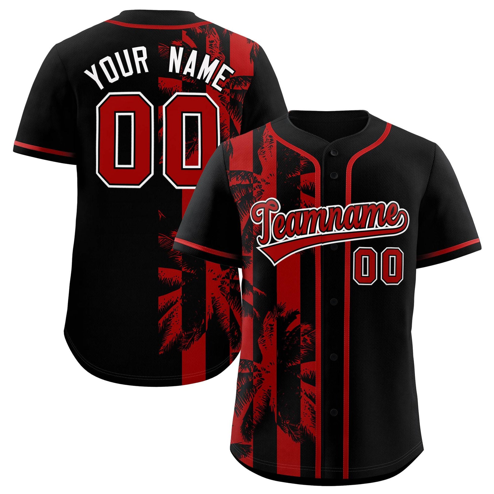 Custom Black Red Split Fashion Coconut Tree Design Authentic Baseball Jersey