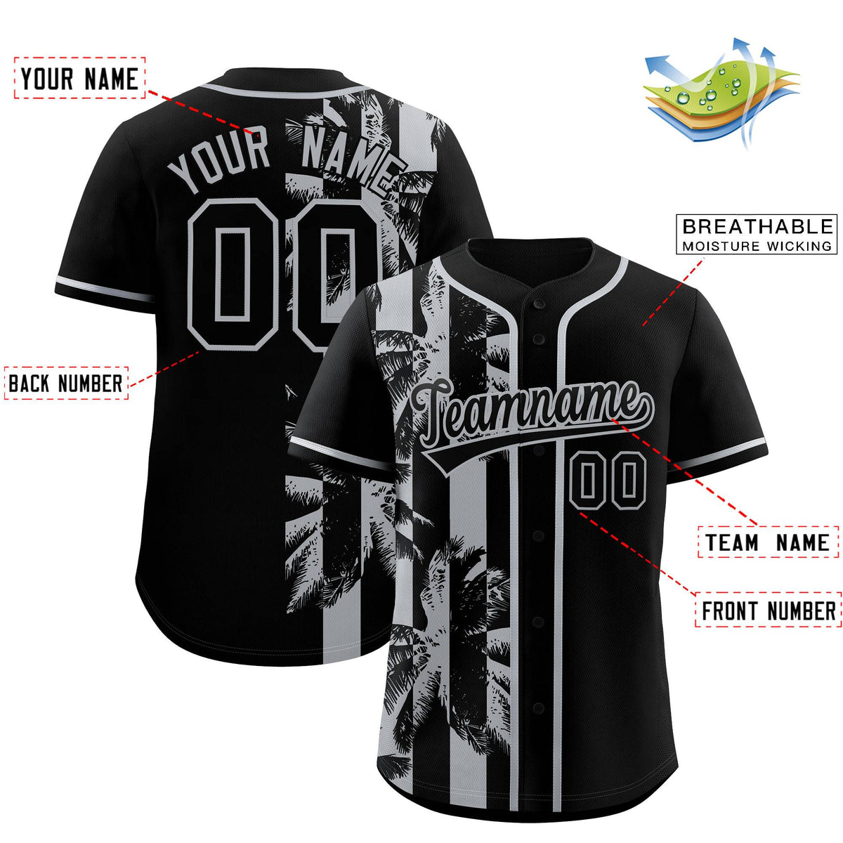 Custom Black Gray Split Fashion Coconut Tree Design Authentic Baseball Jersey