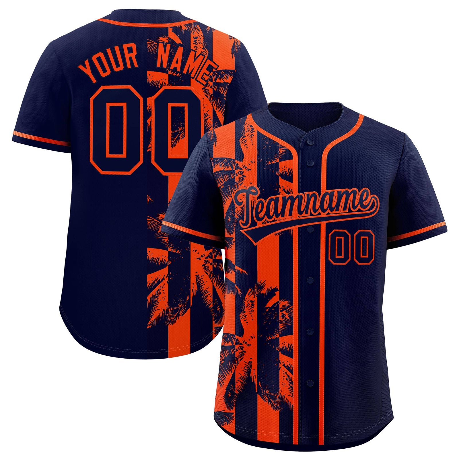 Custom Navy Orange Split Fashion Coconut Tree Design Authentic Baseball Jersey