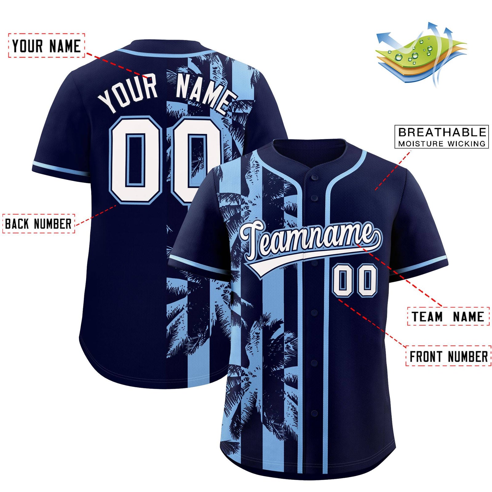 Custom Navy Powder Blue Split Fashion Coconut Tree Design Authentic Baseball Jersey