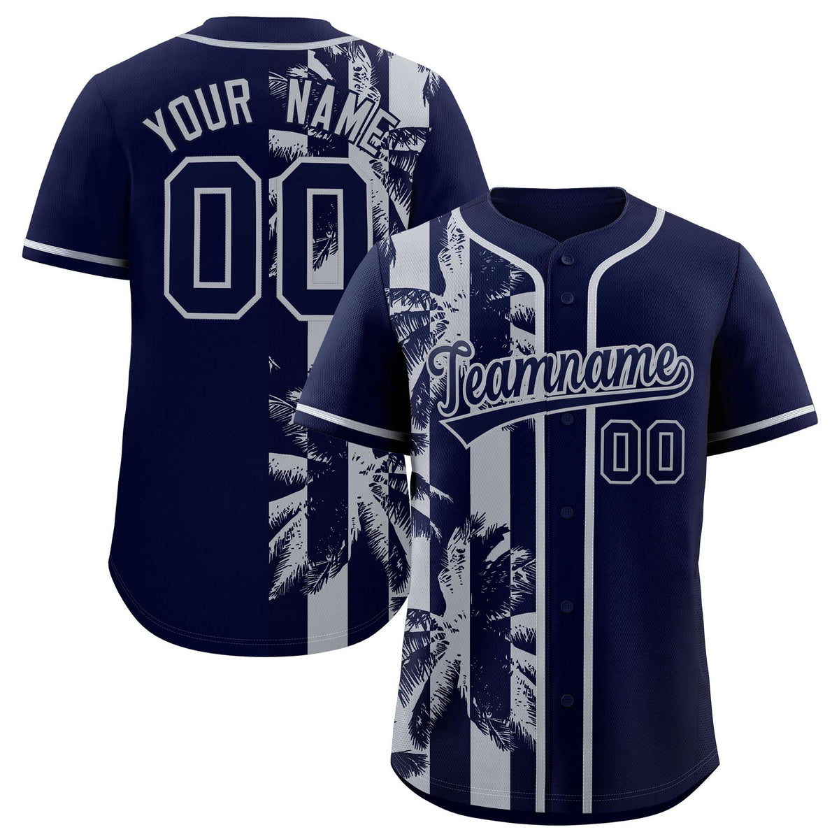 Custom Navy Gray Split Fashion Coconut Tree Design Authentic Baseball Jersey