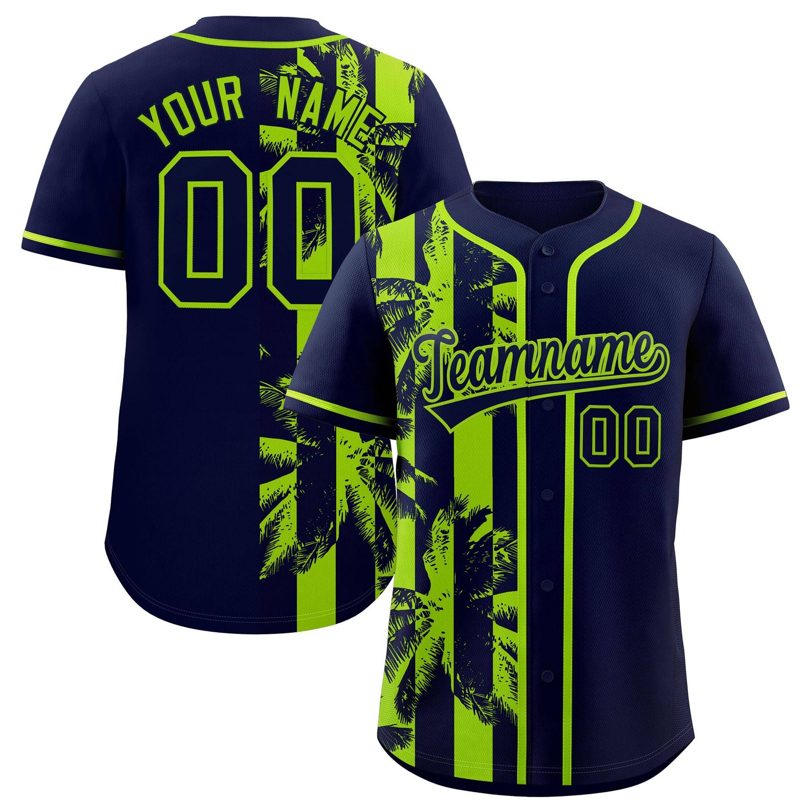 Custom Navy Neon Green Split Fashion Coconut Tree Design Authentic Baseball Jersey