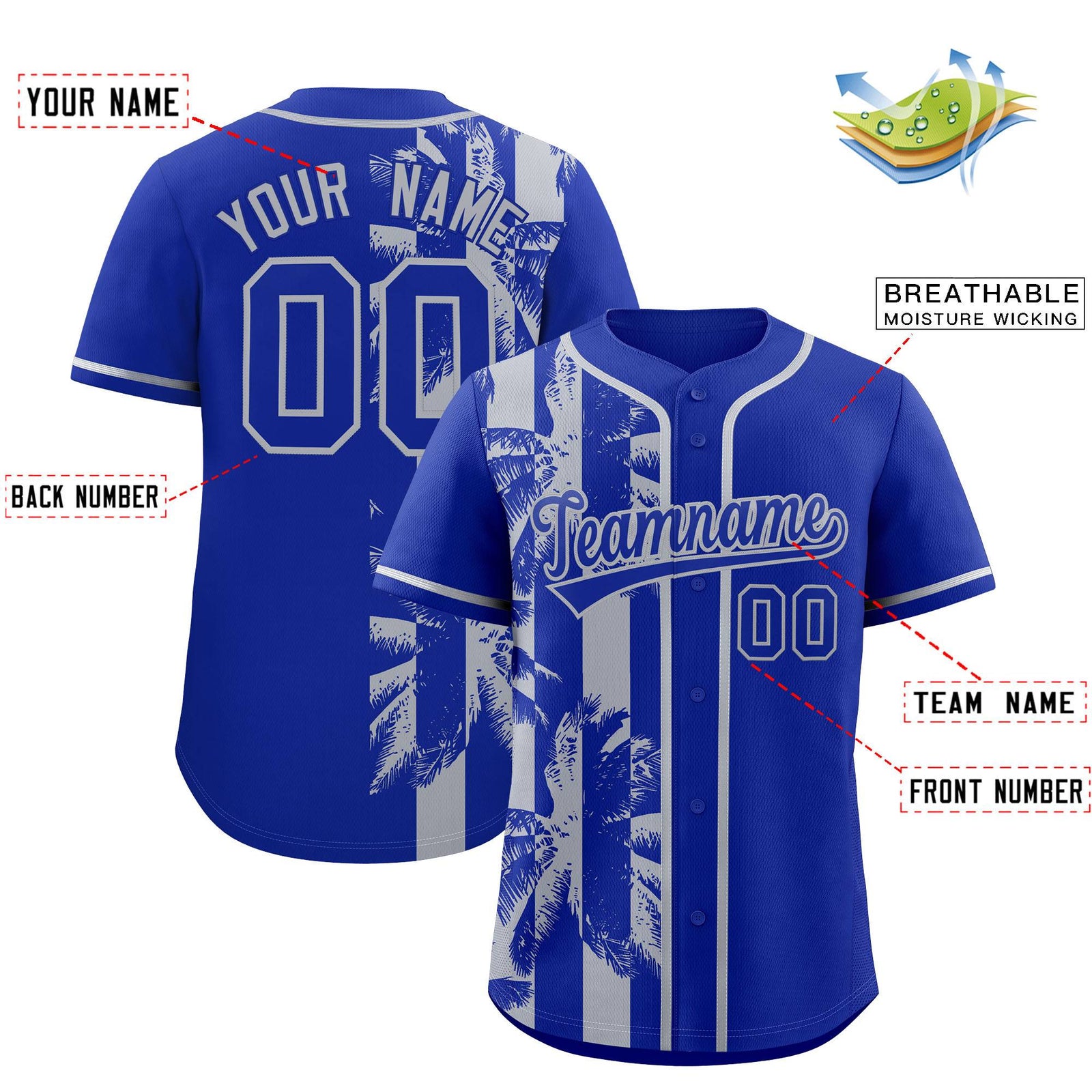 Custom Royal Gray Split Fashion Coconut Tree Design Authentic Baseball Jersey
