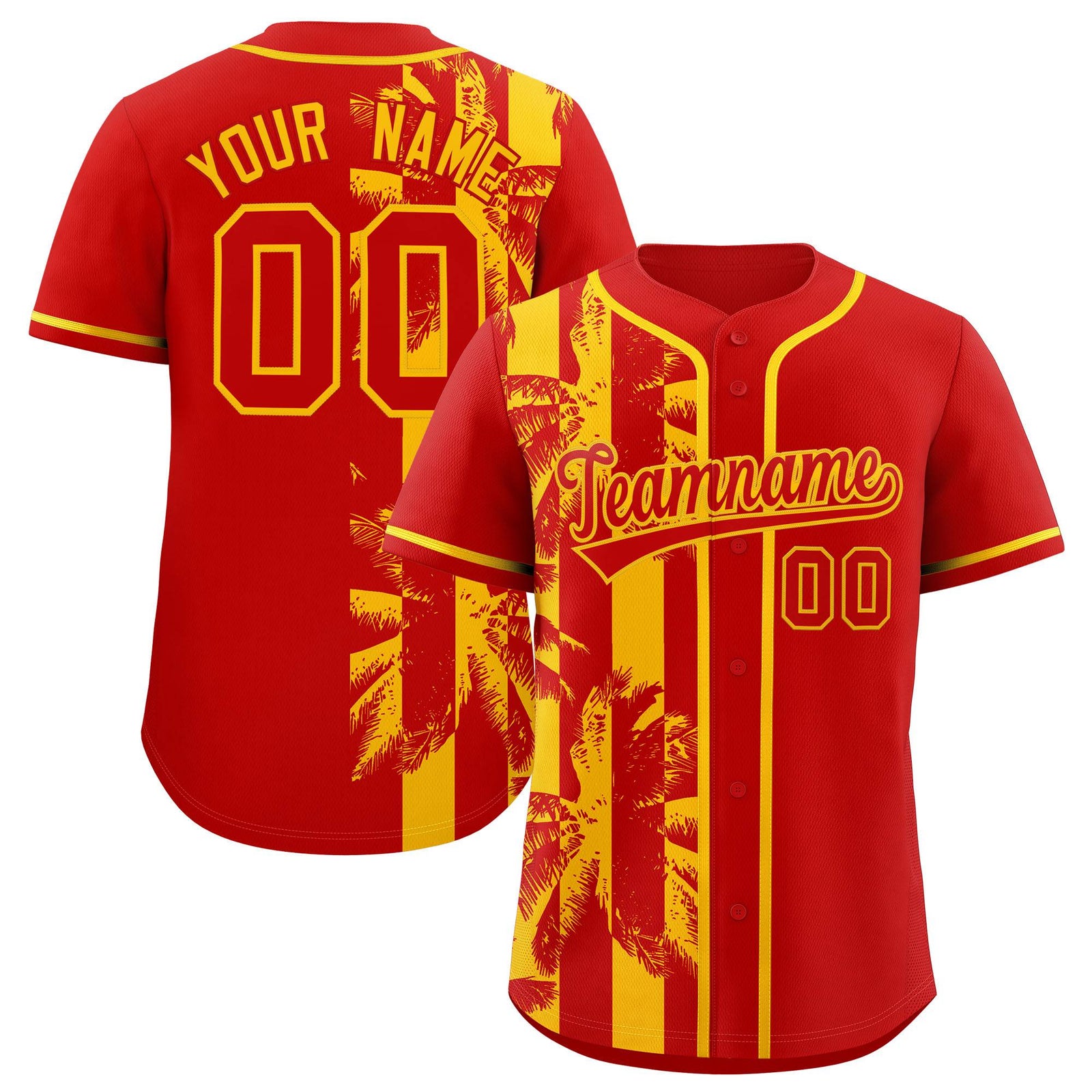 Custom Red Yellow Split Fashion Coconut Tree Design Authentic Baseball Jersey