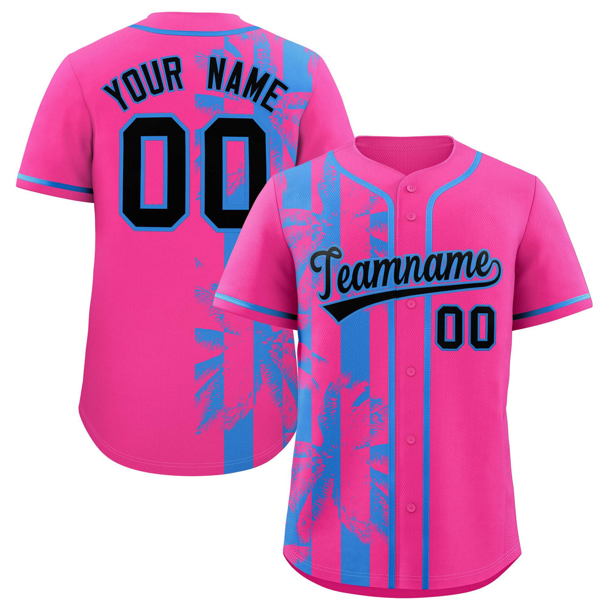 Custom Pink Powder Blue Split Fashion Coconut Tree Design Authentic Baseball Jersey