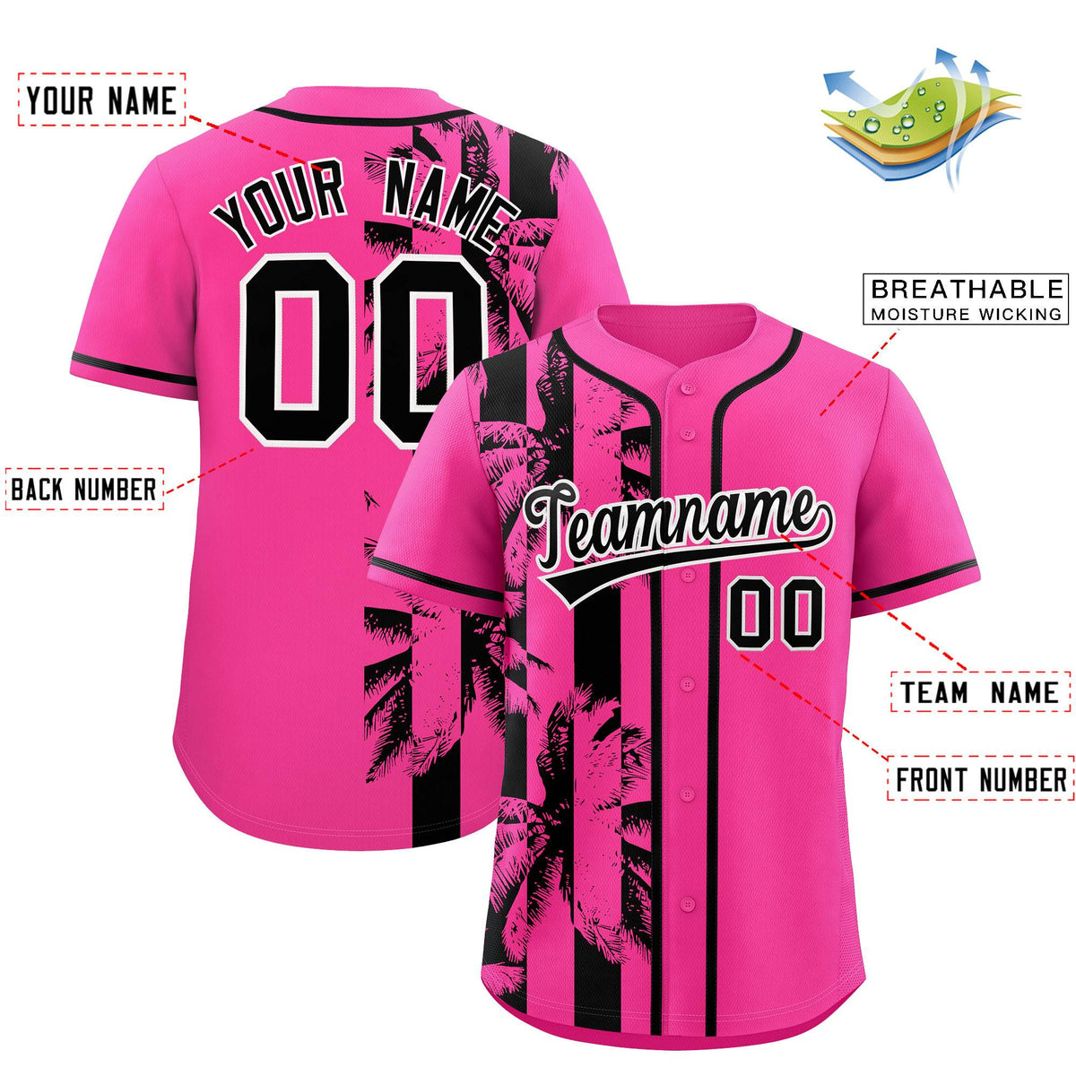 Custom Pink Black Split Fashion Coconut Tree Design Authentic Baseball Jersey