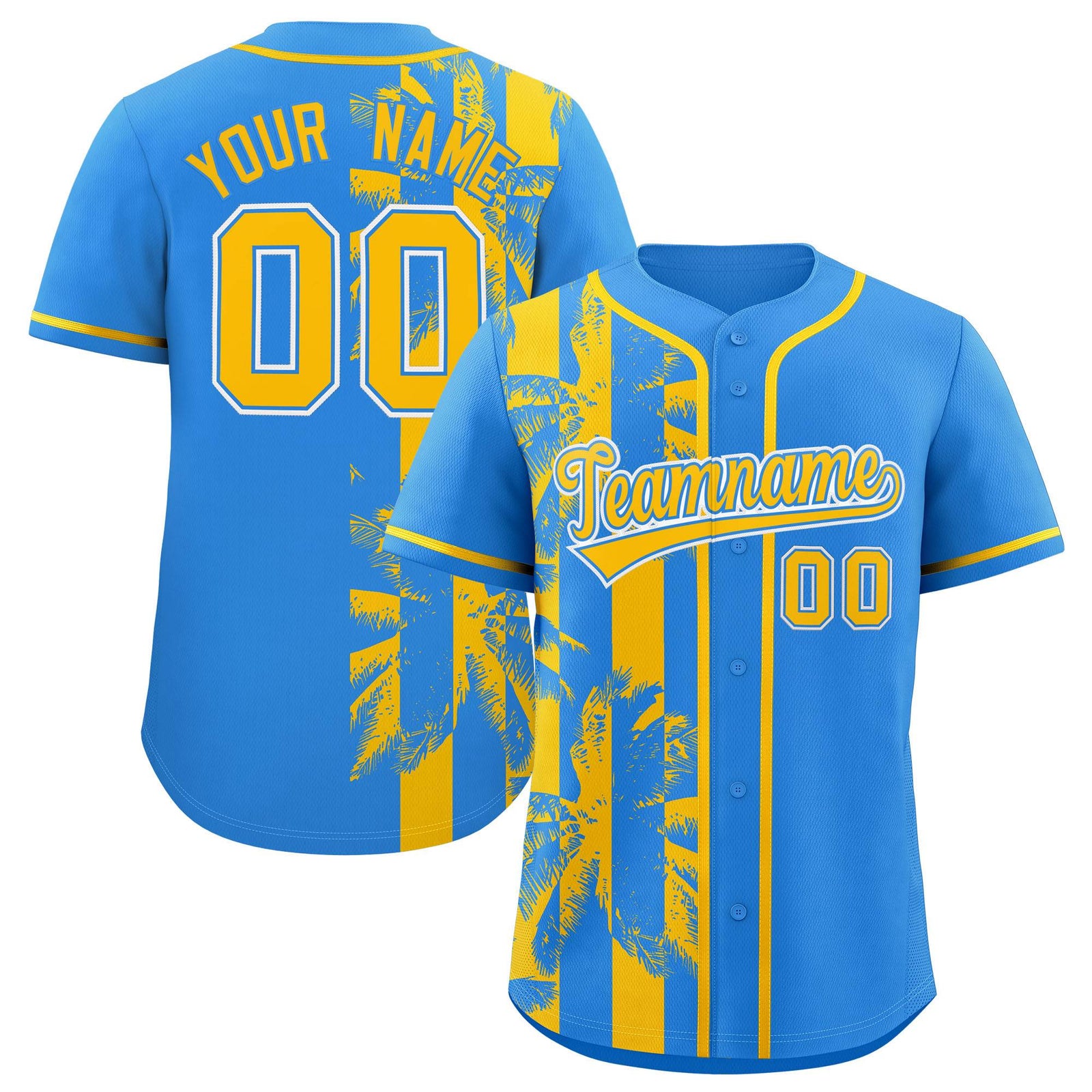 Custom Powder Blue Yellow Split Fashion Coconut Tree Design Authentic Baseball Jersey