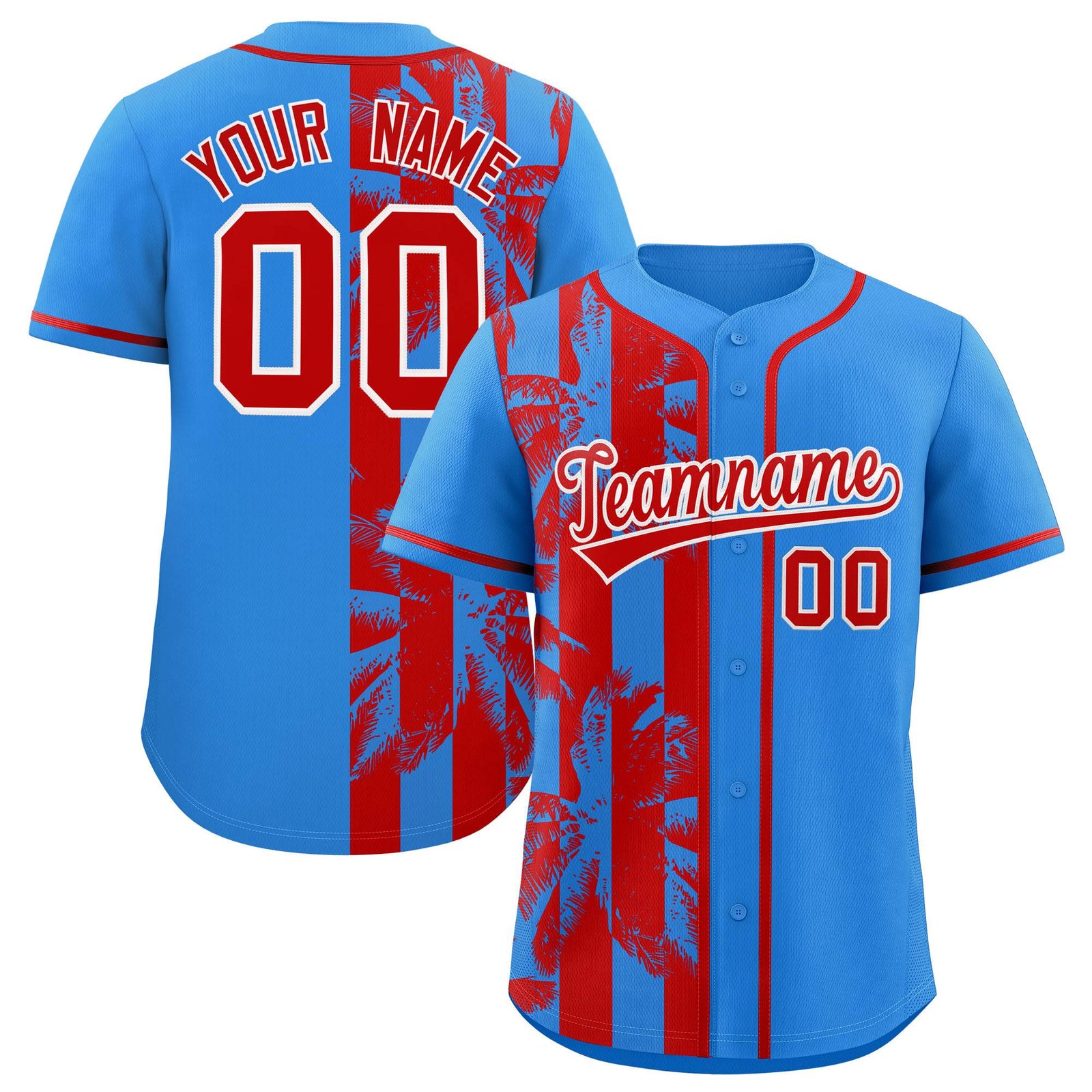 Custom Powder Blue Red Split Fashion Coconut Tree Design Authentic Baseball Jersey