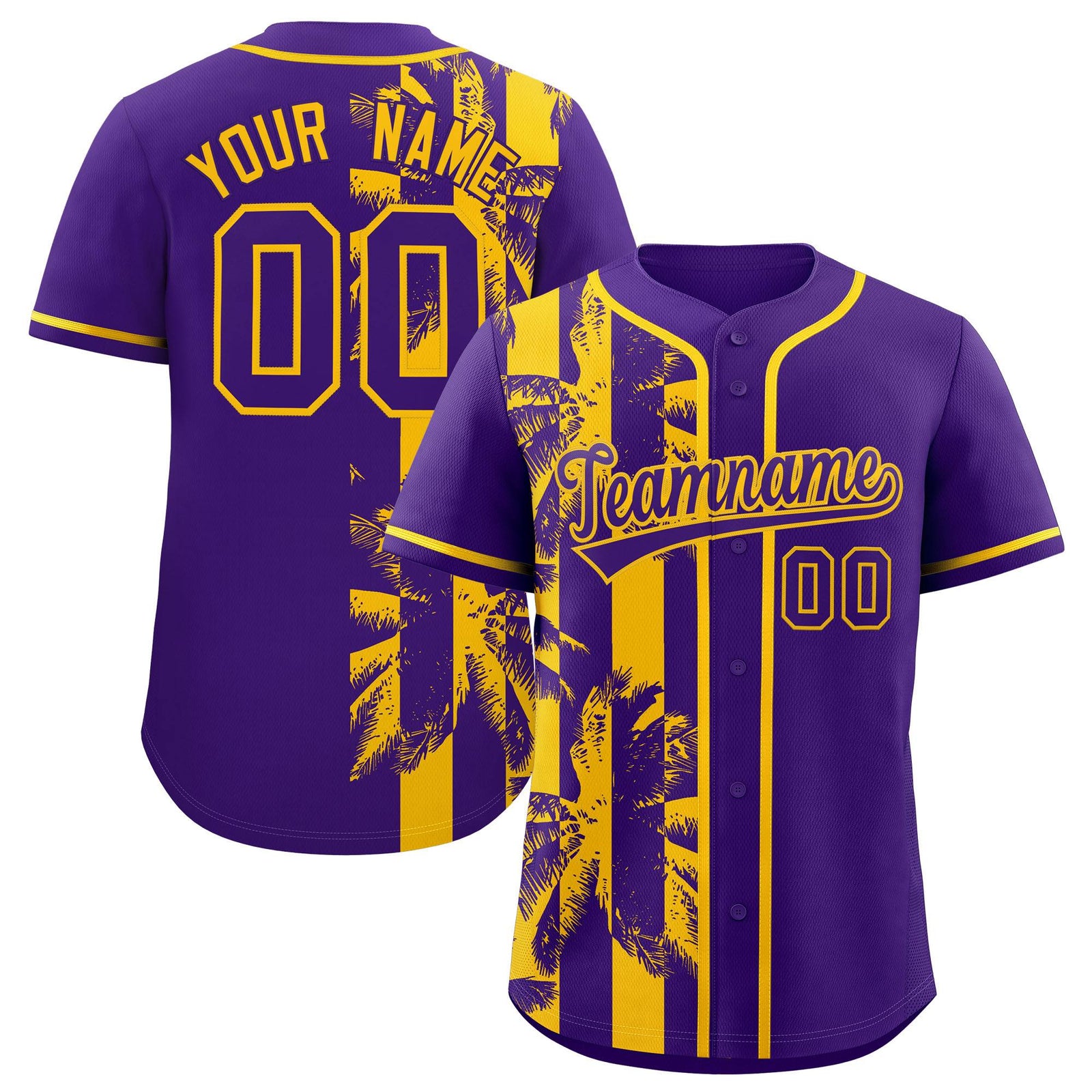 Custom Purple Yellow Split Fashion Coconut Tree Design Authentic Baseball Jersey