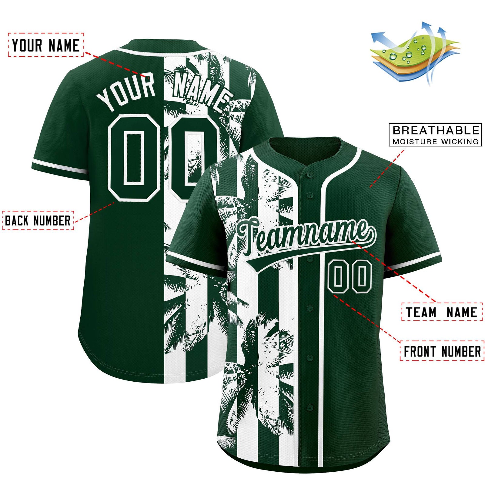 Custom Green White Split Fashion Coconut Tree Design Authentic Baseball Jersey
