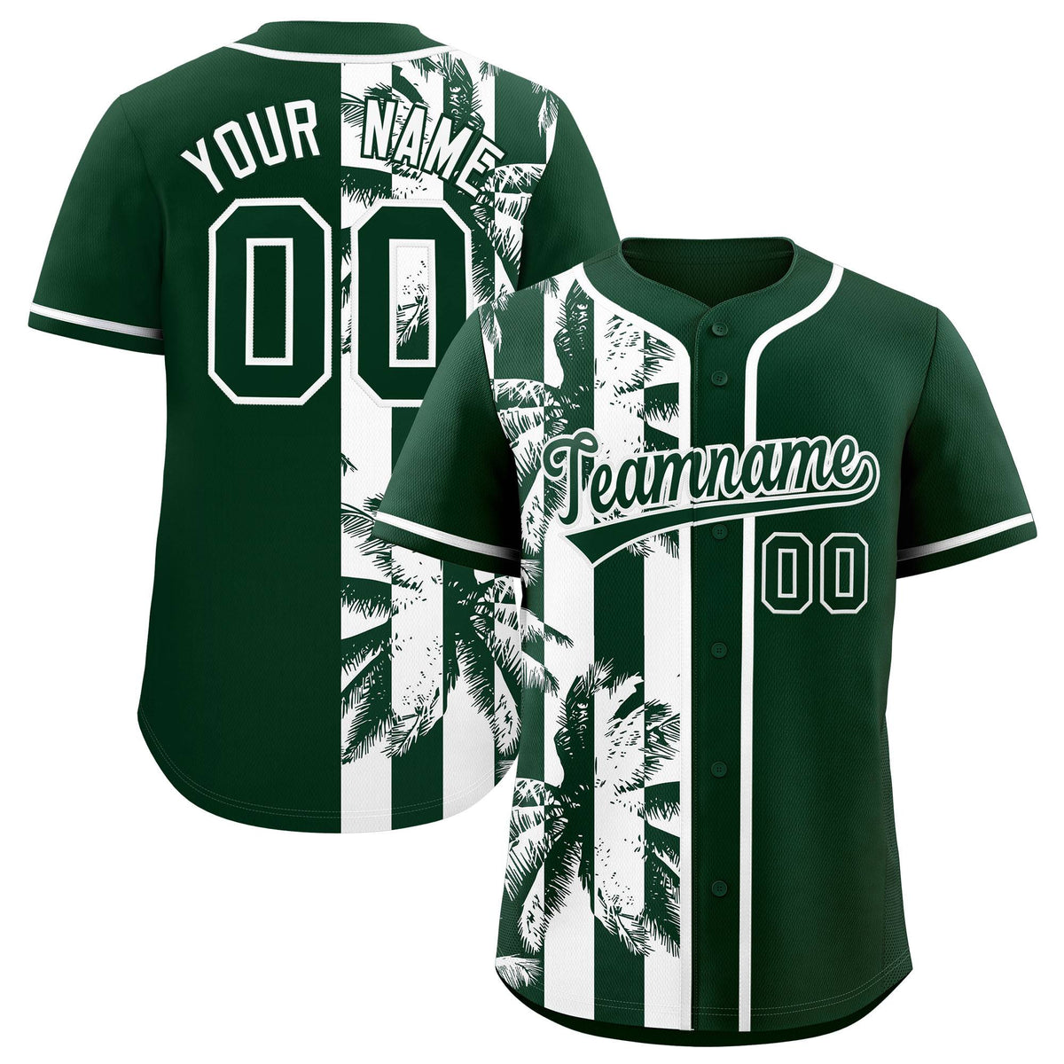 Custom Green White Split Fashion Coconut Tree Design Authentic Baseball Jersey