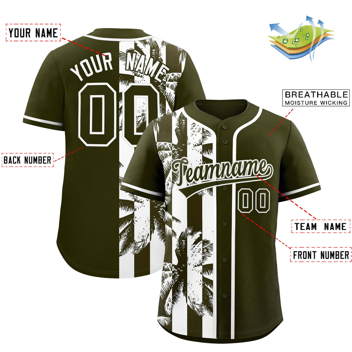 Custom Olive White Split Fashion Coconut Tree Design Authentic Baseball Jersey