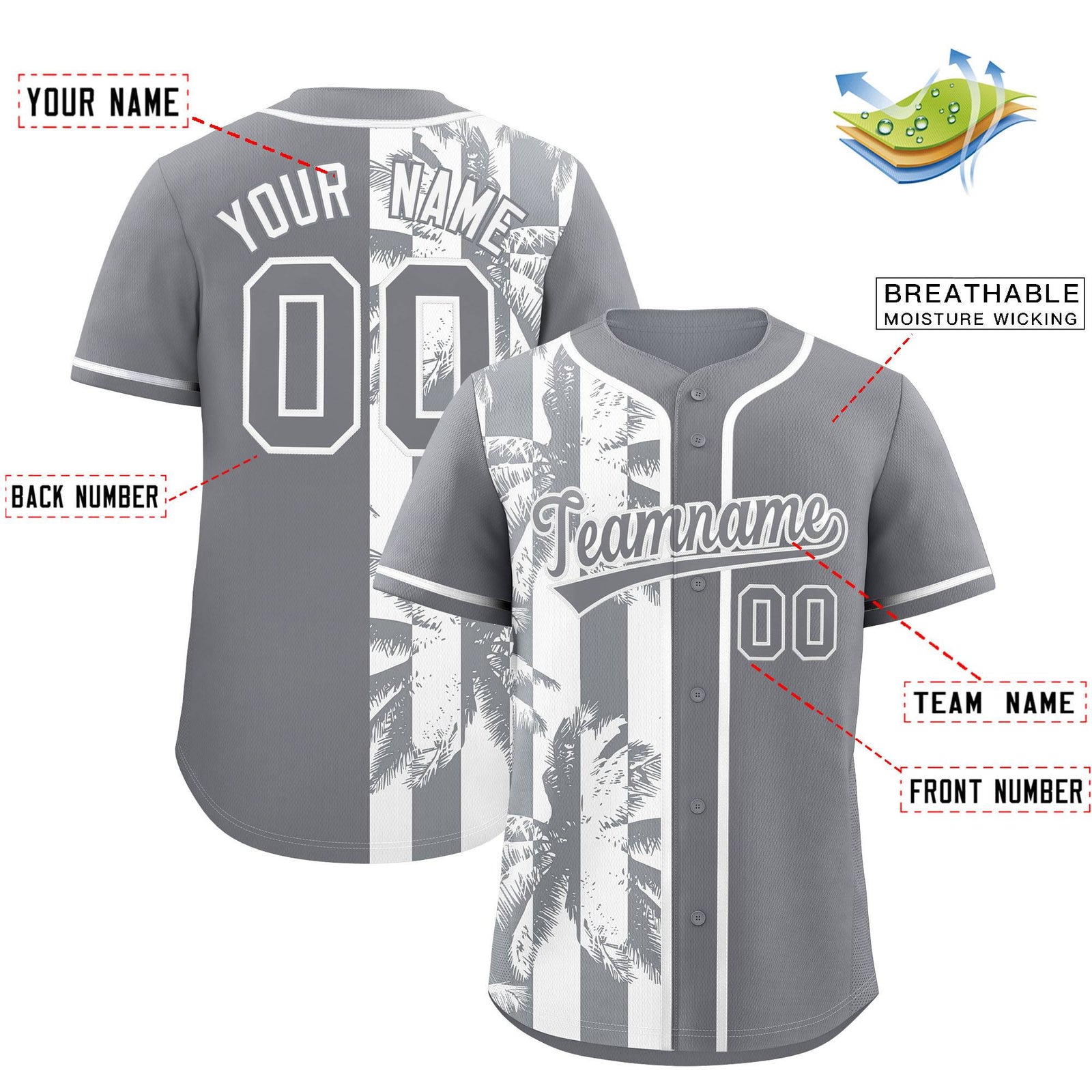 Custom Gray White Split Fashion Coconut Tree Design Authentic Baseball Jersey