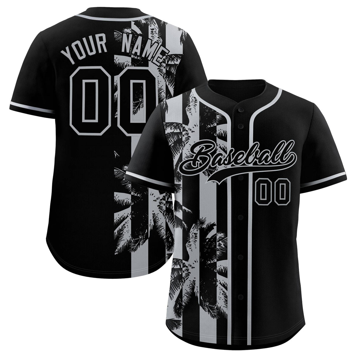 Custom Black Gray Split Fashion Coconut Tree Design Authentic Baseball Jersey