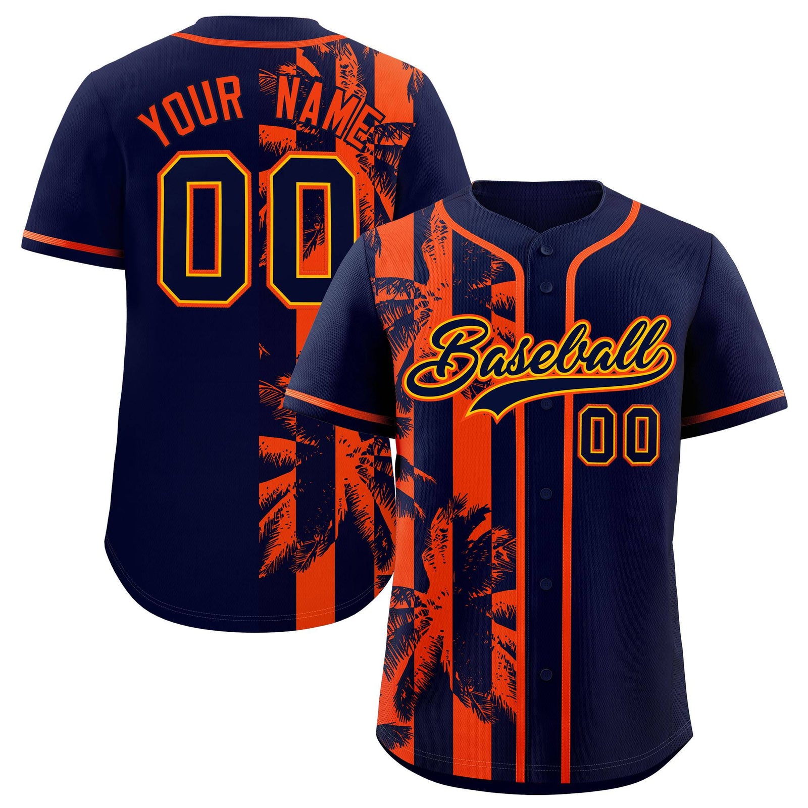 Custom Navy Orange Split Fashion Coconut Tree Design Authentic Baseball Jersey