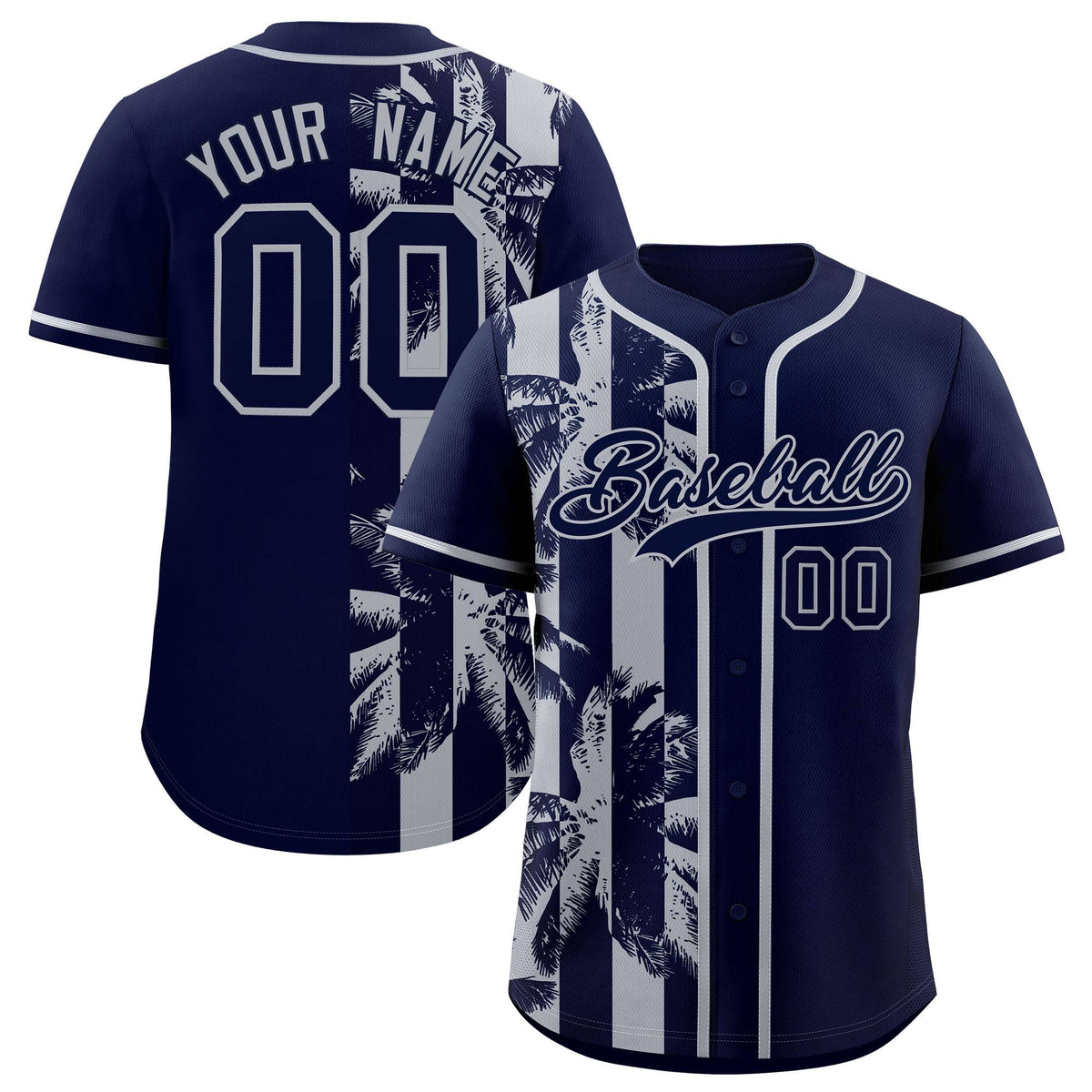 Custom Navy Gray Split Fashion Coconut Tree Design Authentic Baseball Jersey