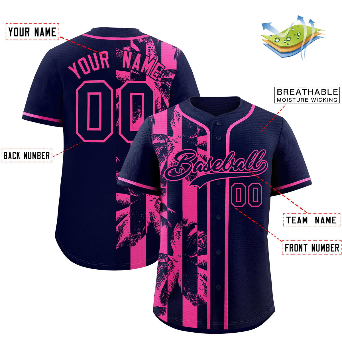 Custom Navy Pink Split Fashion Coconut Tree Design Authentic Baseball Jersey