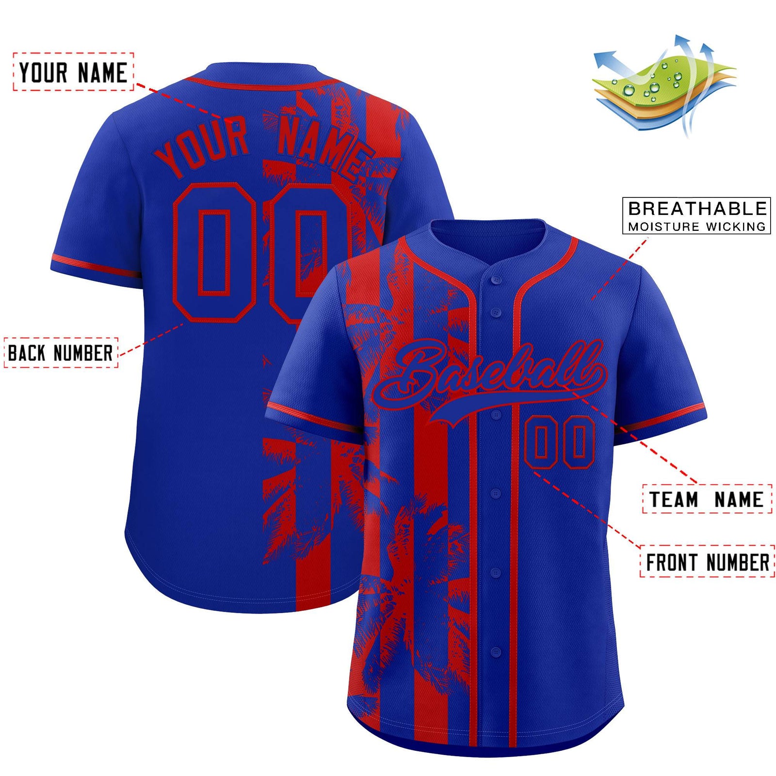 Custom Royal Red Split Fashion Coconut Tree Design Authentic Baseball Jersey