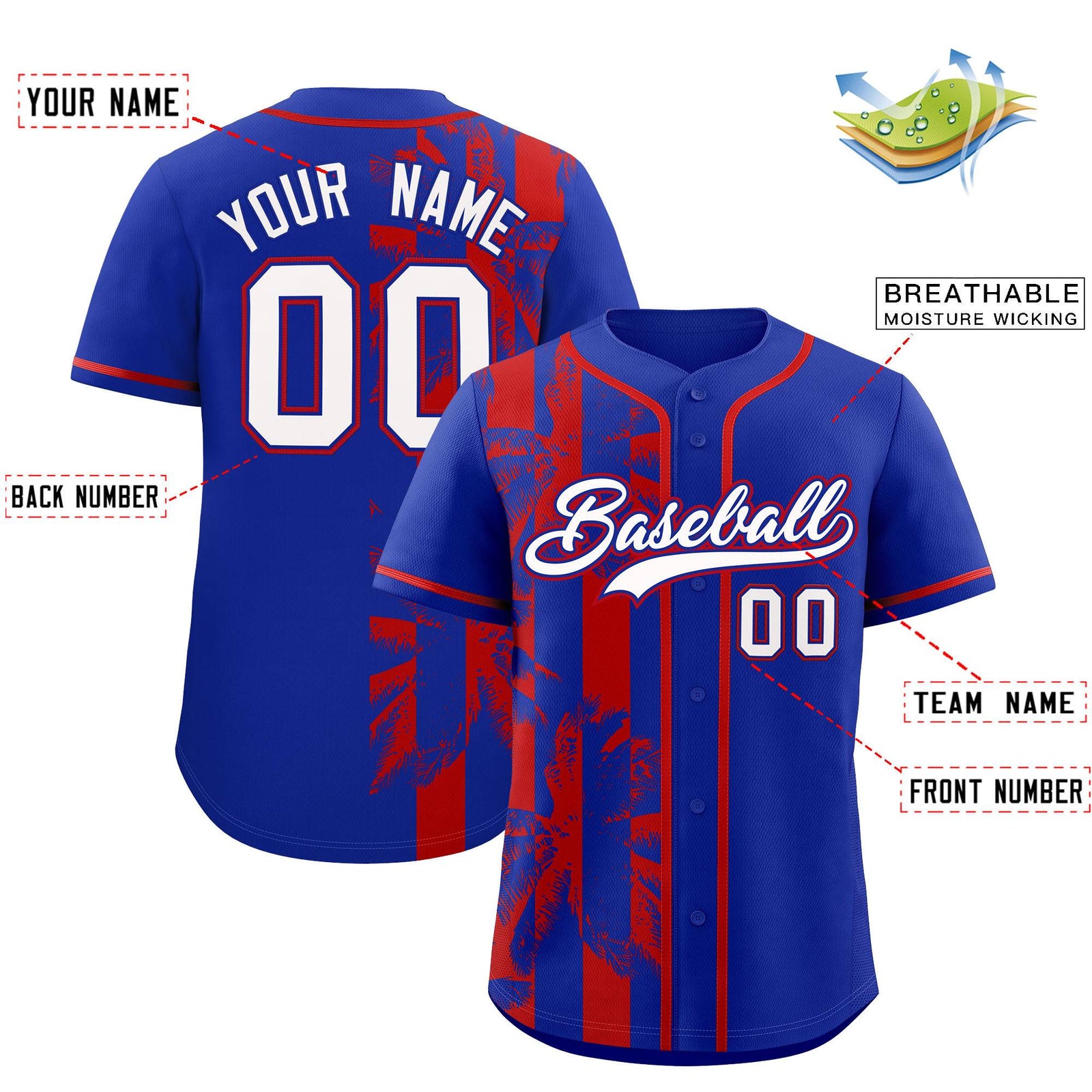 Custom Royal Red Split Fashion Coconut Tree Design Authentic Baseball Jersey