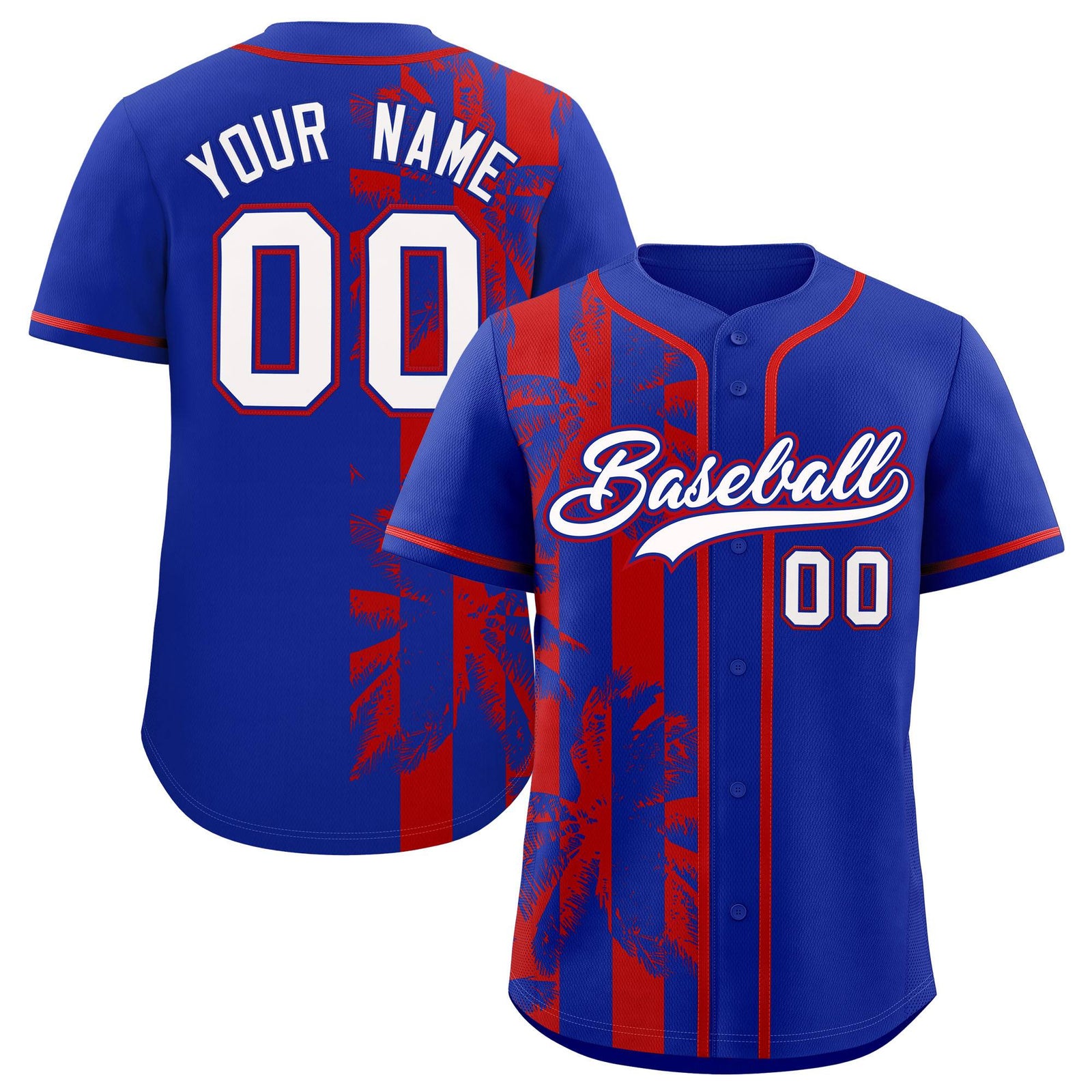 Custom Royal Red Split Fashion Coconut Tree Design Authentic Baseball Jersey