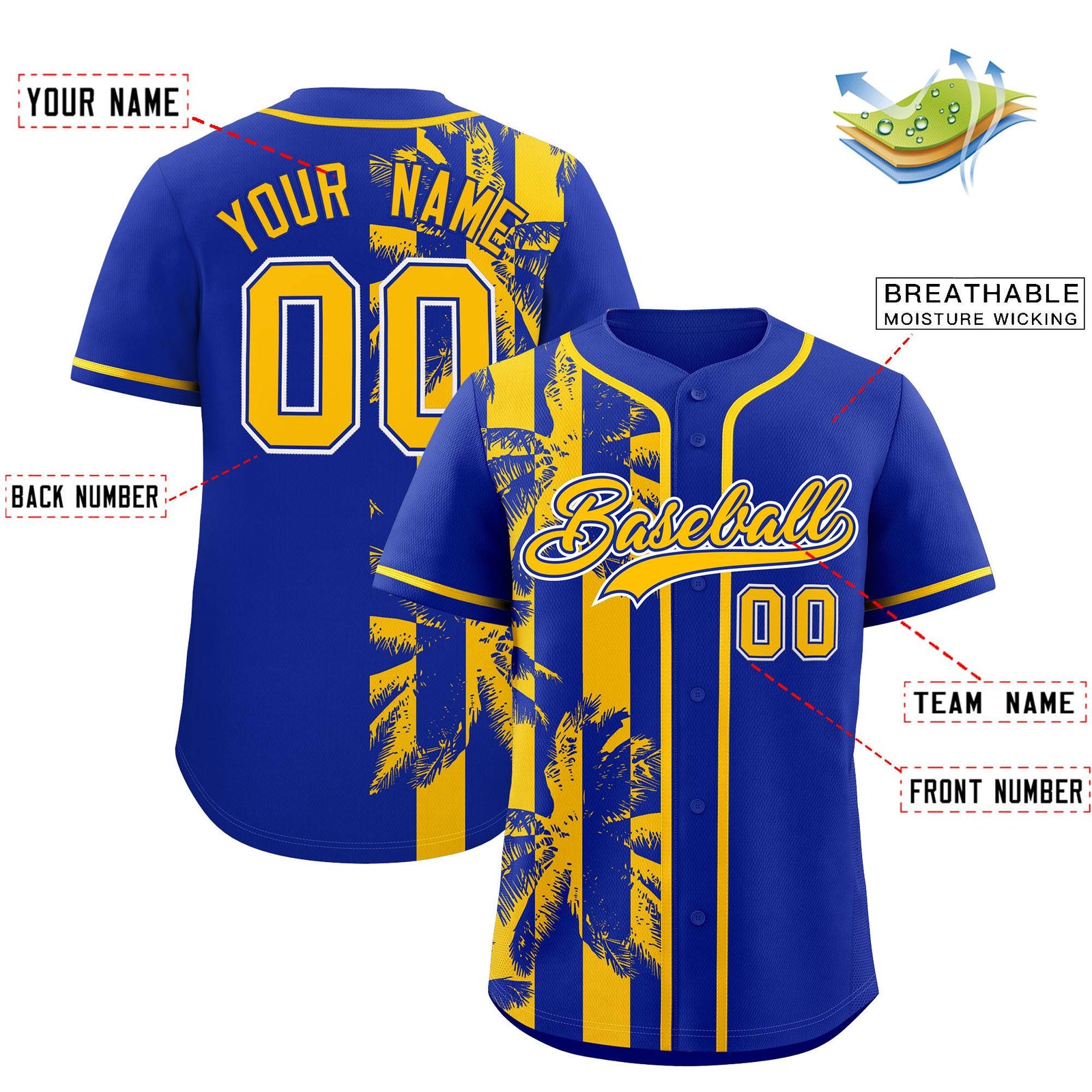 Custom Royal Yellow Split Fashion Coconut Tree Design Authentic Baseball Jersey