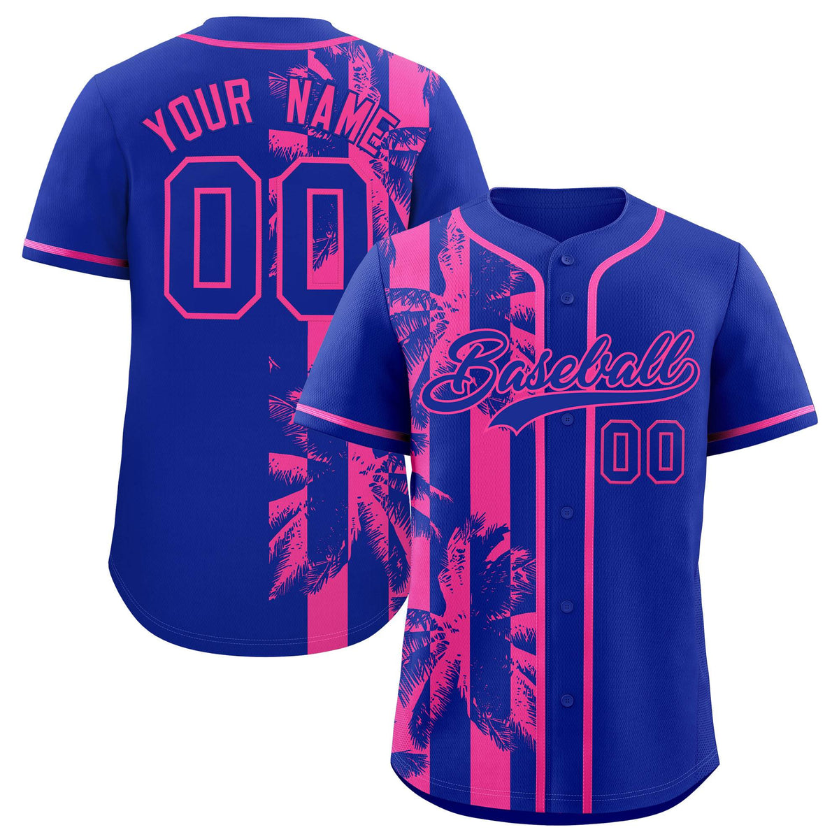 Custom Royal Pink Split Fashion Coconut Tree Design Authentic Baseball Jersey