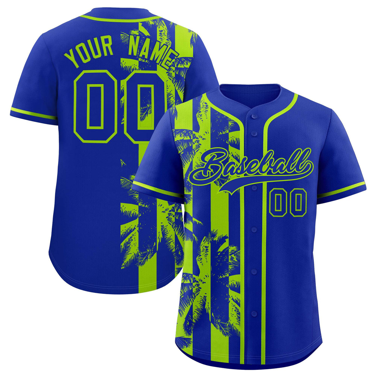 Custom Royal Neon Green Split Fashion Coconut Tree Design Authentic Baseball Jersey