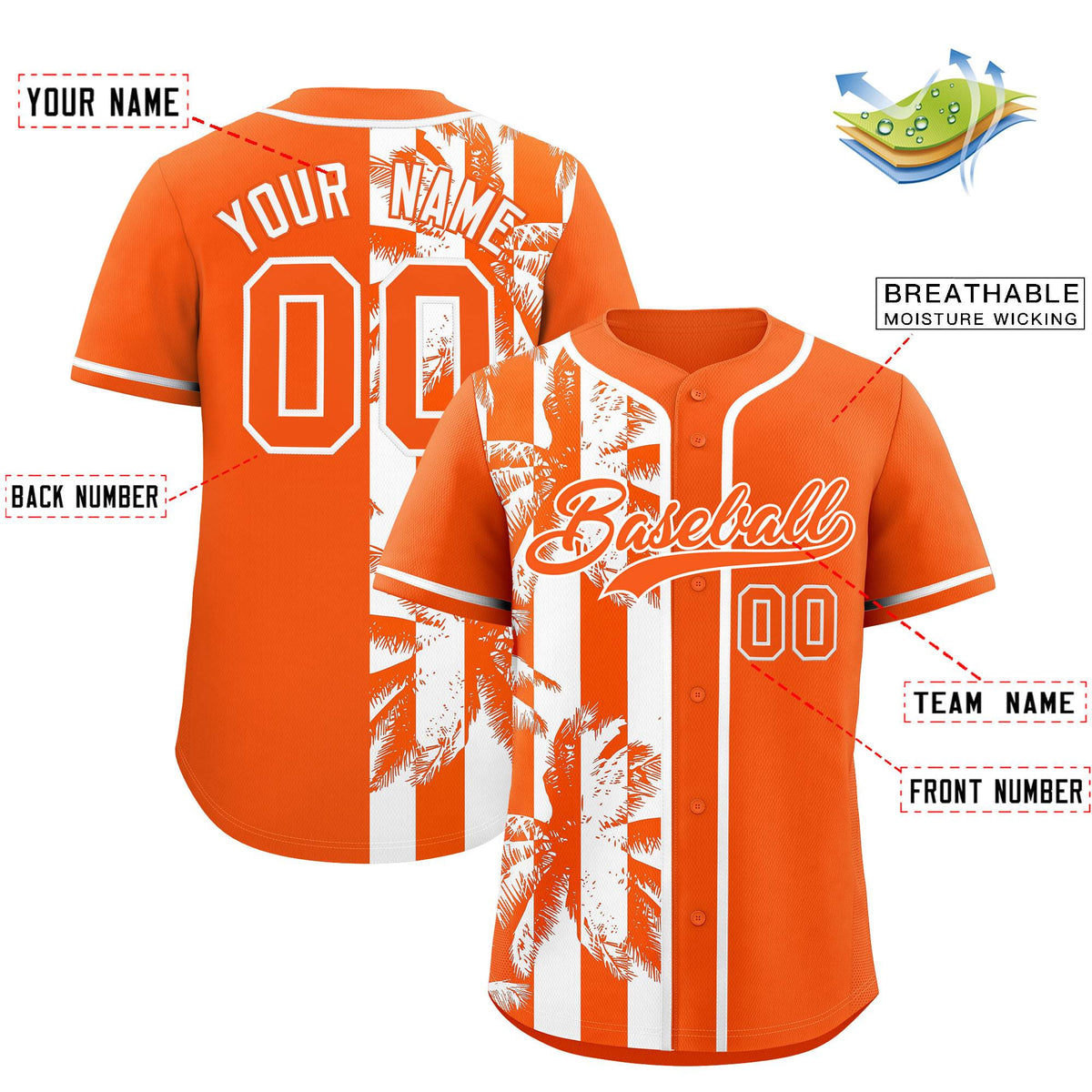 Custom Orange White Split Fashion Coconut Tree Design Authentic Baseball Jersey
