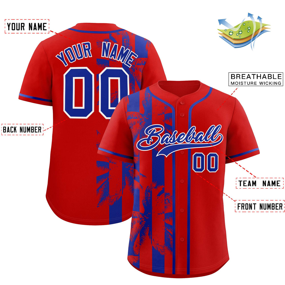 Custom Red Royal Split Fashion Coconut Tree Design Authentic Baseball Jersey