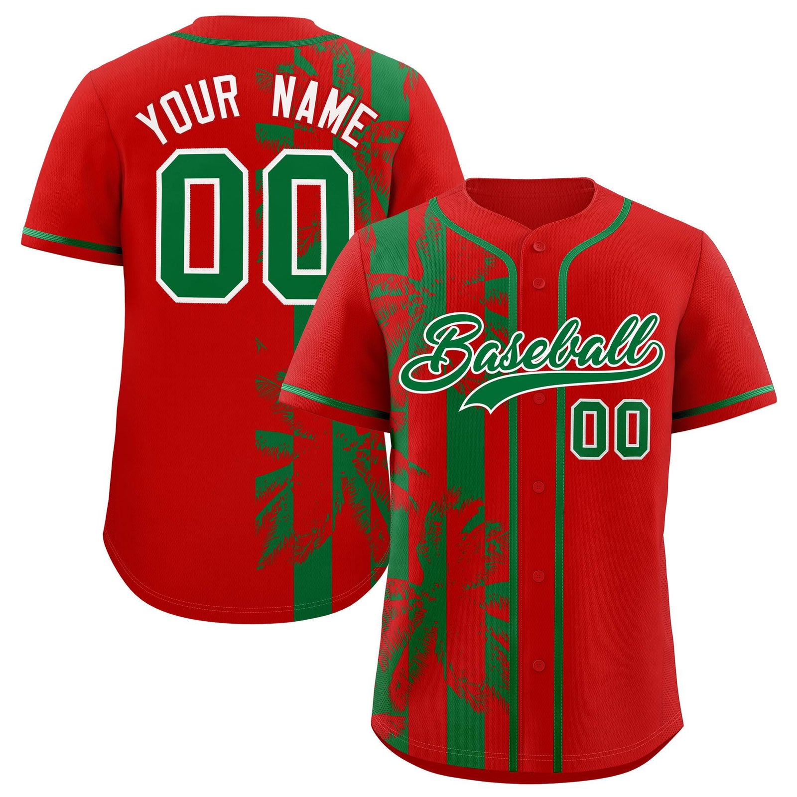 Custom Red Kelly Green Split Fashion Coconut Tree Design Authentic Baseball Jersey
