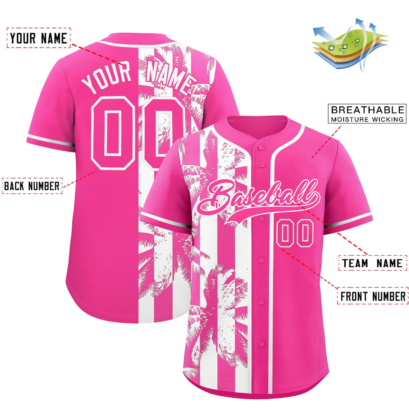 Custom Pink White Split Fashion Coconut Tree Design Authentic Baseball Jersey