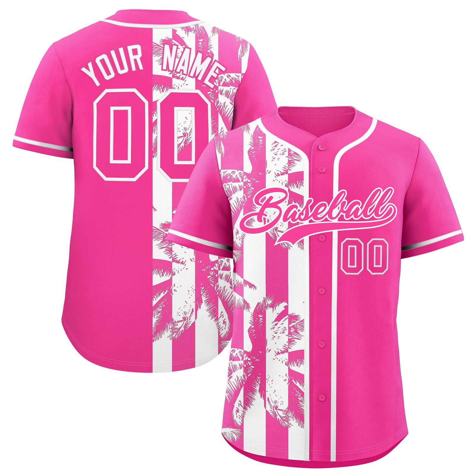 Custom Pink White Split Fashion Coconut Tree Design Authentic Baseball Jersey