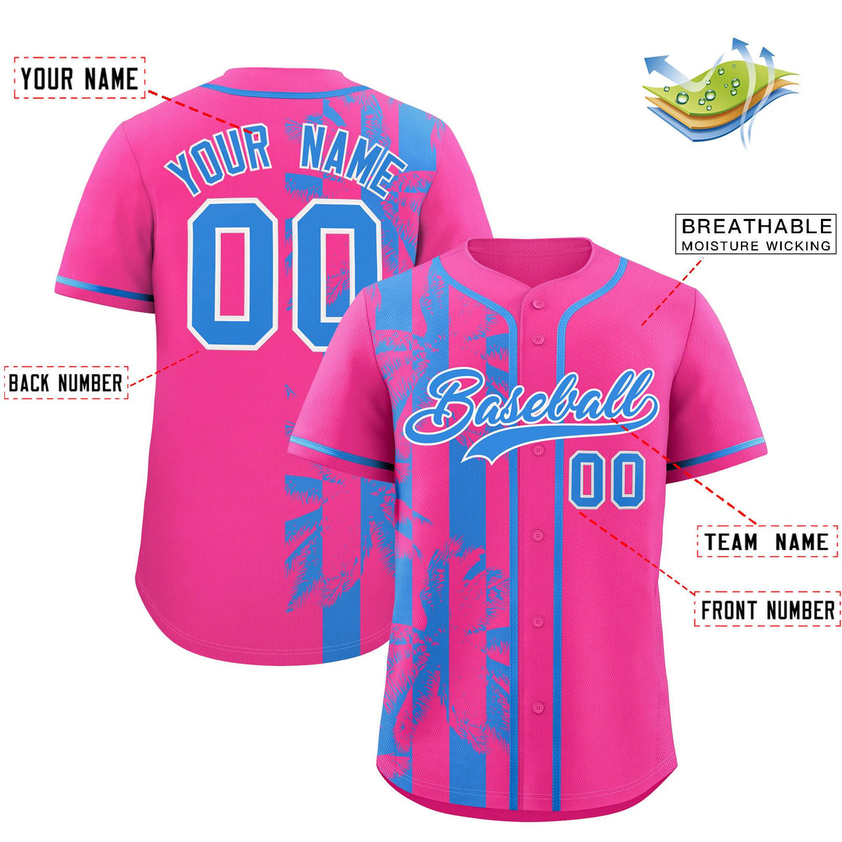 Custom Pink Powder Blue Split Fashion Coconut Tree Design Authentic Baseball Jersey