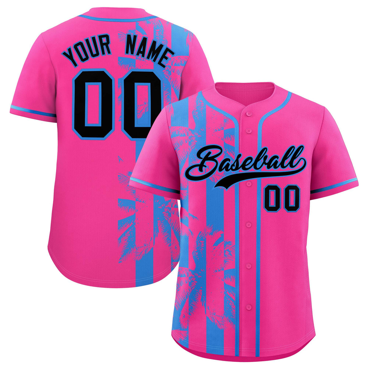 Custom Pink Powder Blue Split Fashion Coconut Tree Design Authentic Baseball Jersey
