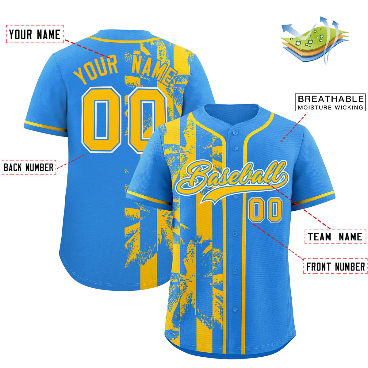Custom Powder Blue Yellow Split Fashion Coconut Tree Design Authentic Baseball Jersey