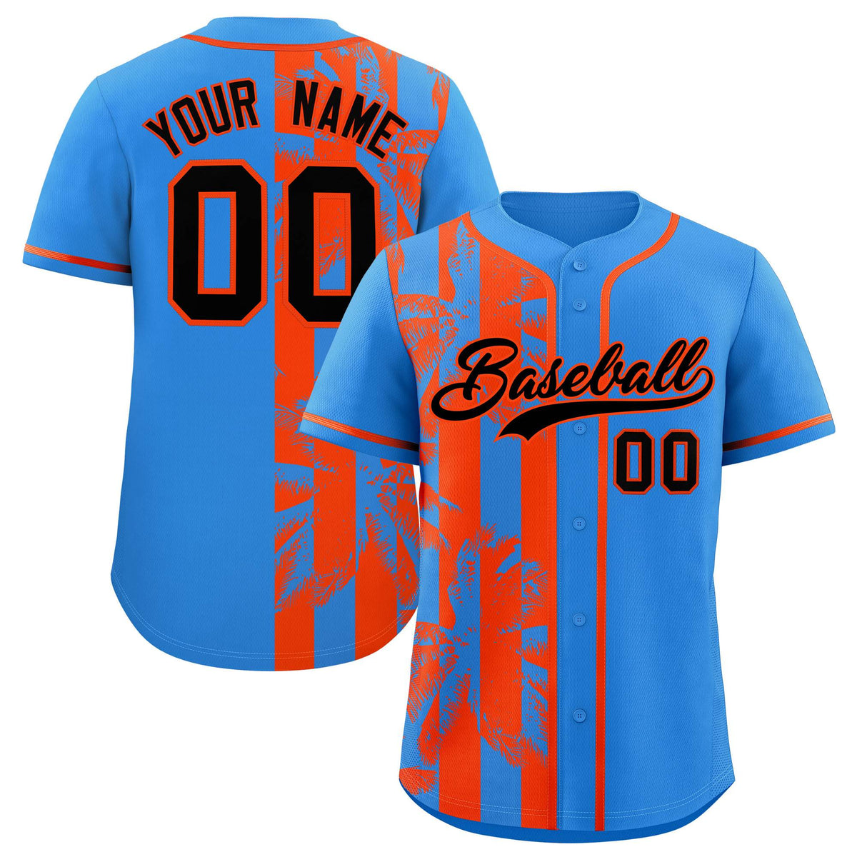 Custom Powder Blue Orange Split Fashion Coconut Tree Design Authentic Baseball Jersey