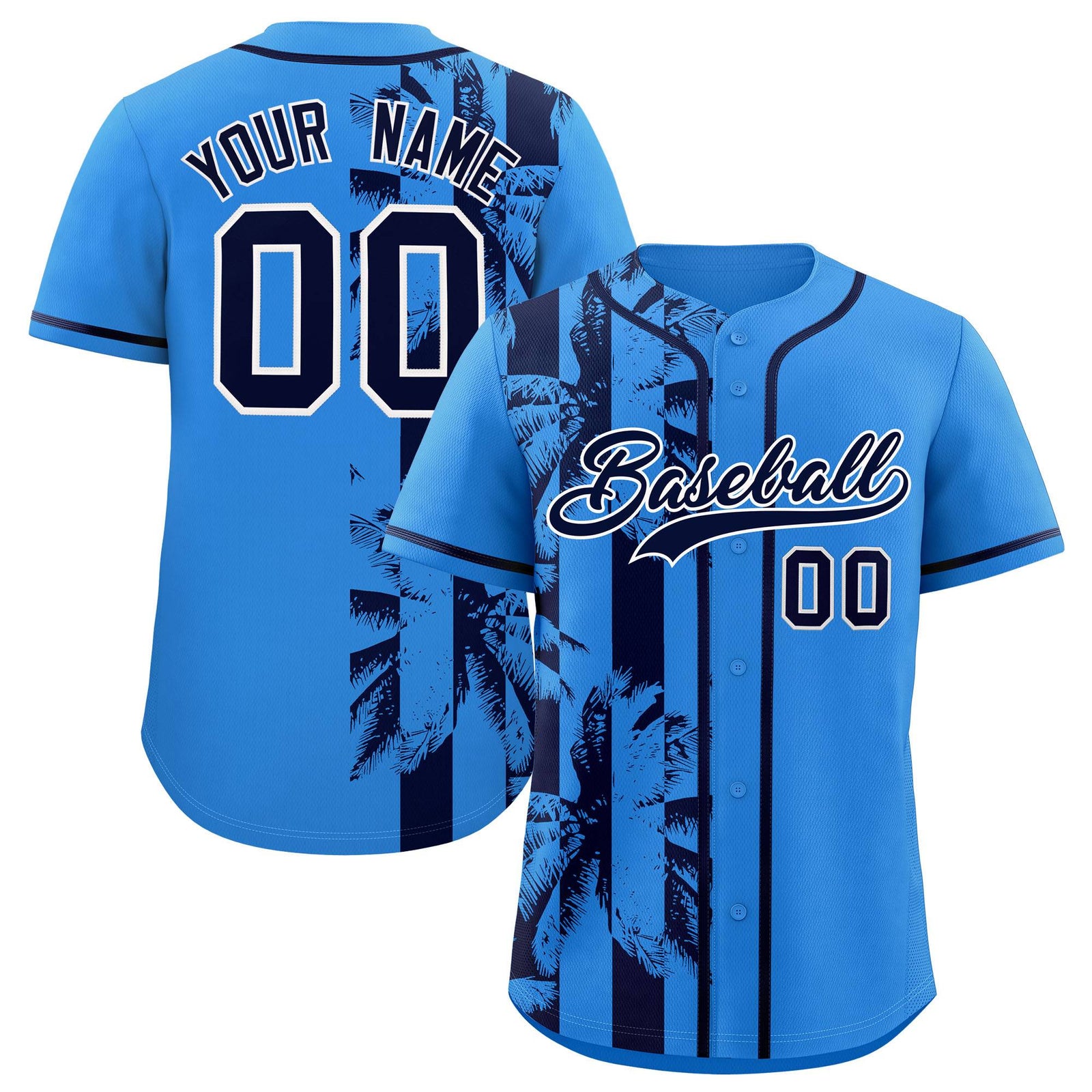 Custom Powder Blue Navy Split Fashion Coconut Tree Design Authentic Baseball Jersey