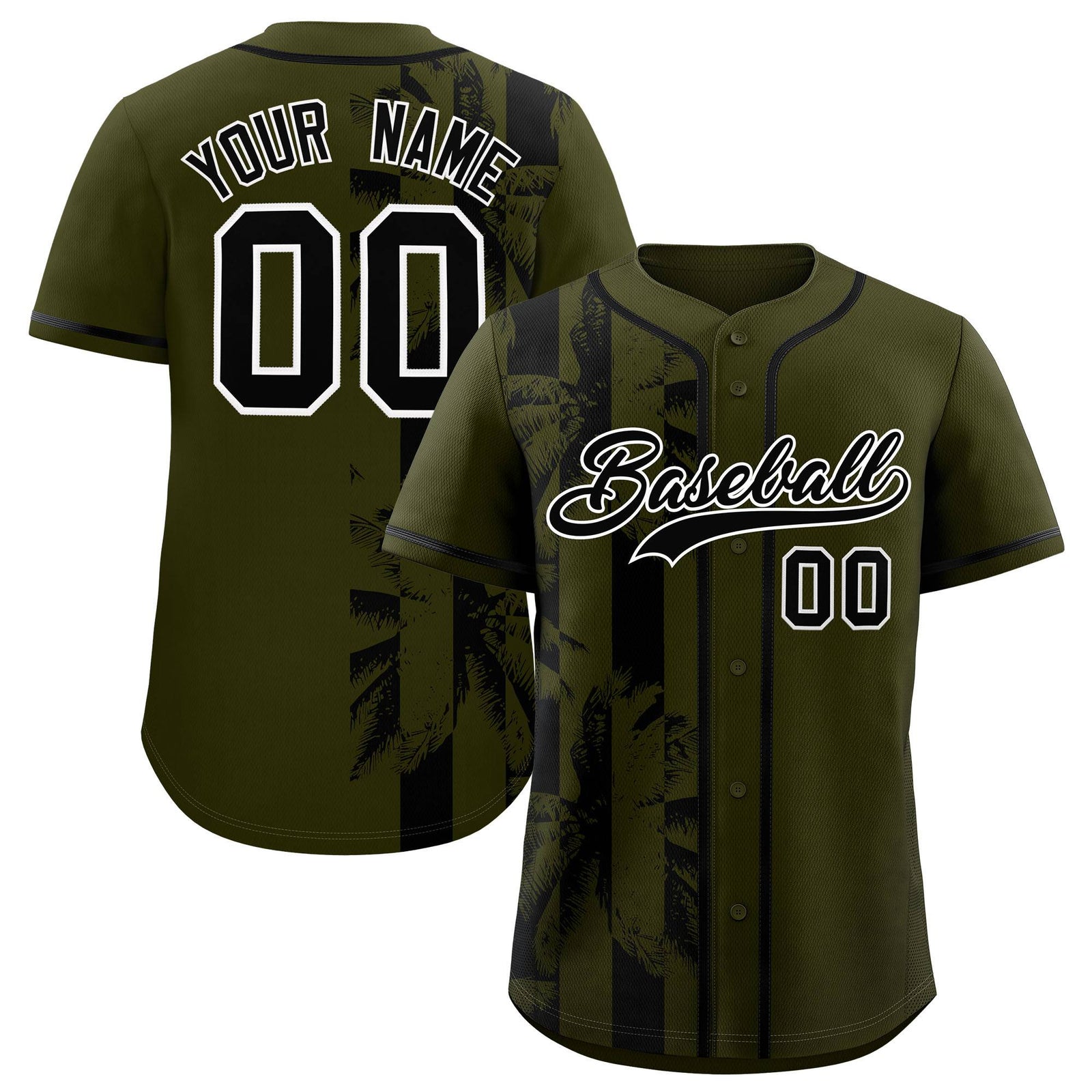 Custom Olive Black Split Fashion Coconut Tree Design Authentic Baseball Jersey