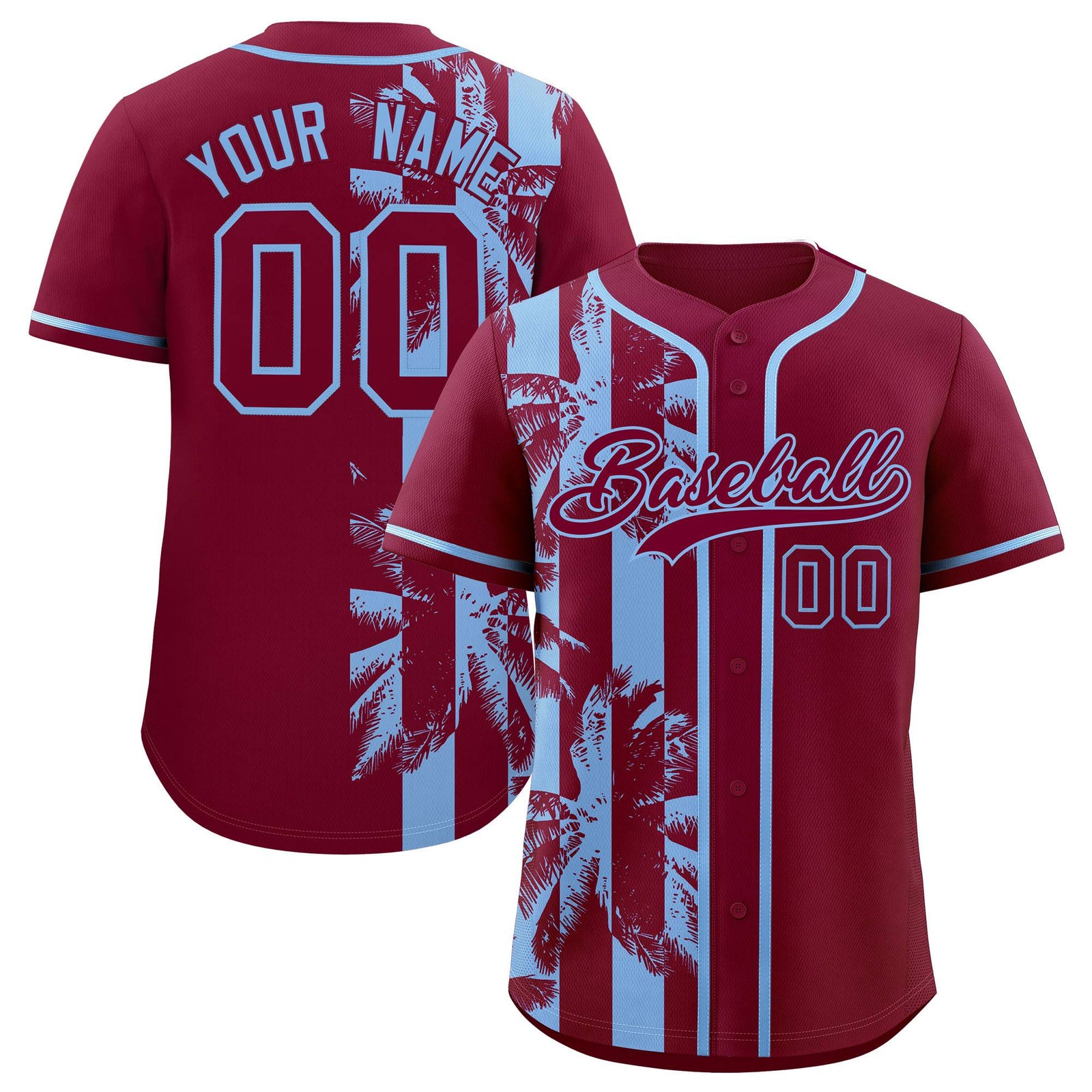 Custom Crimson Powder Blue Split Fashion Coconut Tree Design Authentic Baseball Jersey