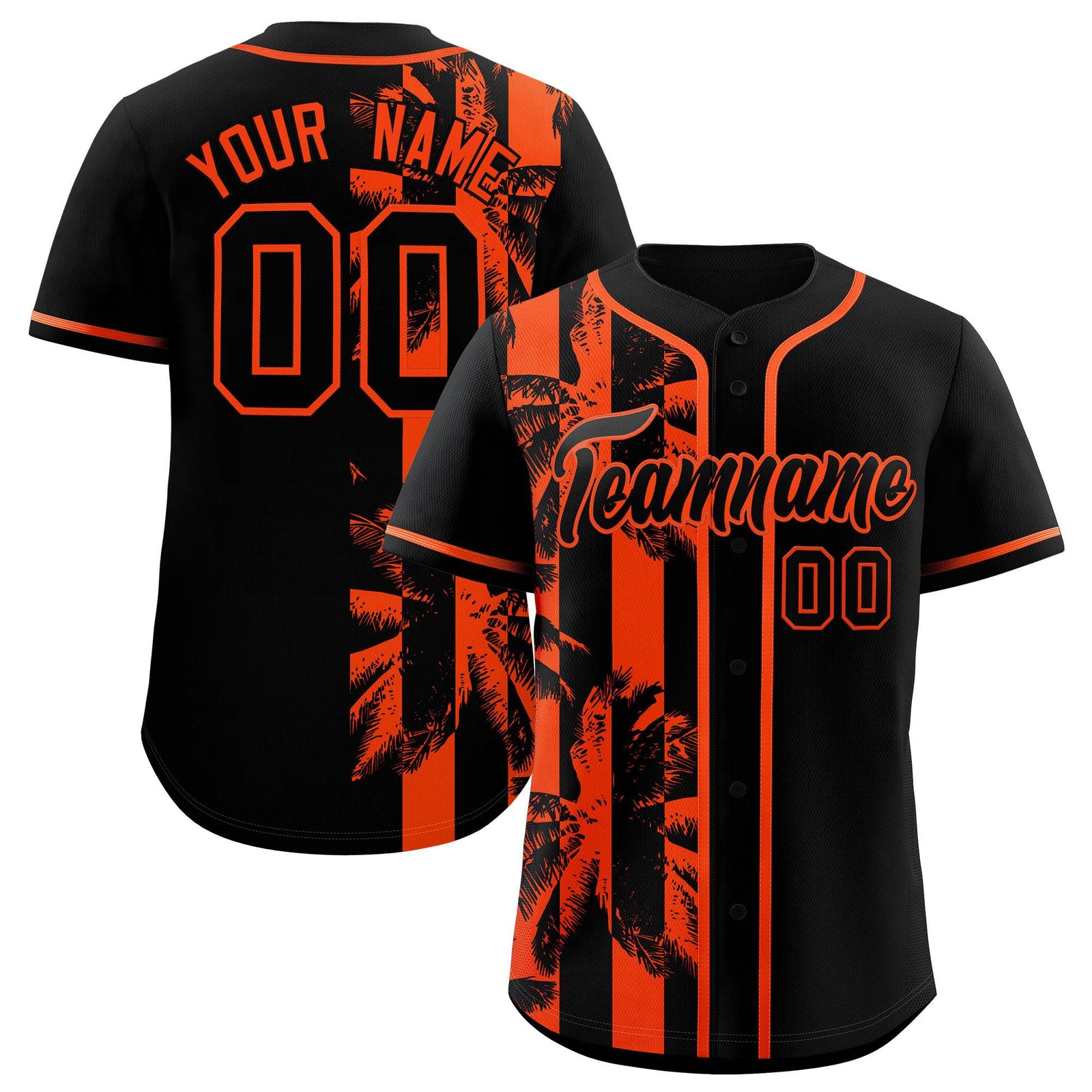 Custom Black Orange Split Fashion Coconut Tree Design Authentic Baseball Jersey