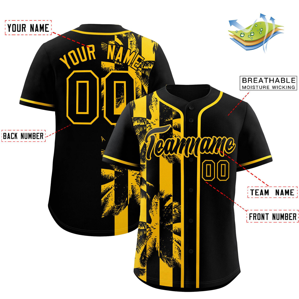 Custom Black Yellow Split Fashion Coconut Tree Design Authentic Baseball Jersey