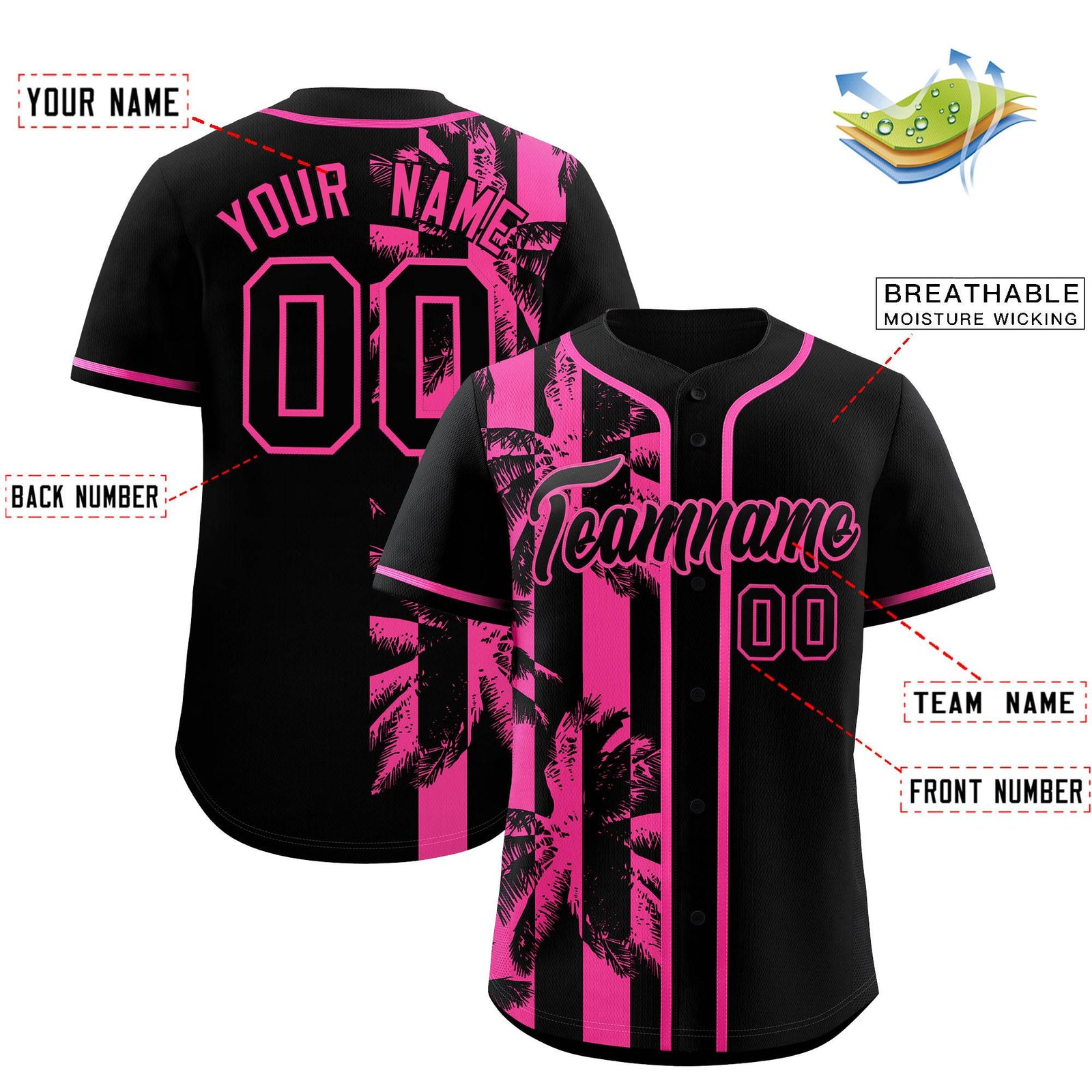 Custom Black Pink Split Fashion Coconut Tree Design Authentic Baseball Jersey