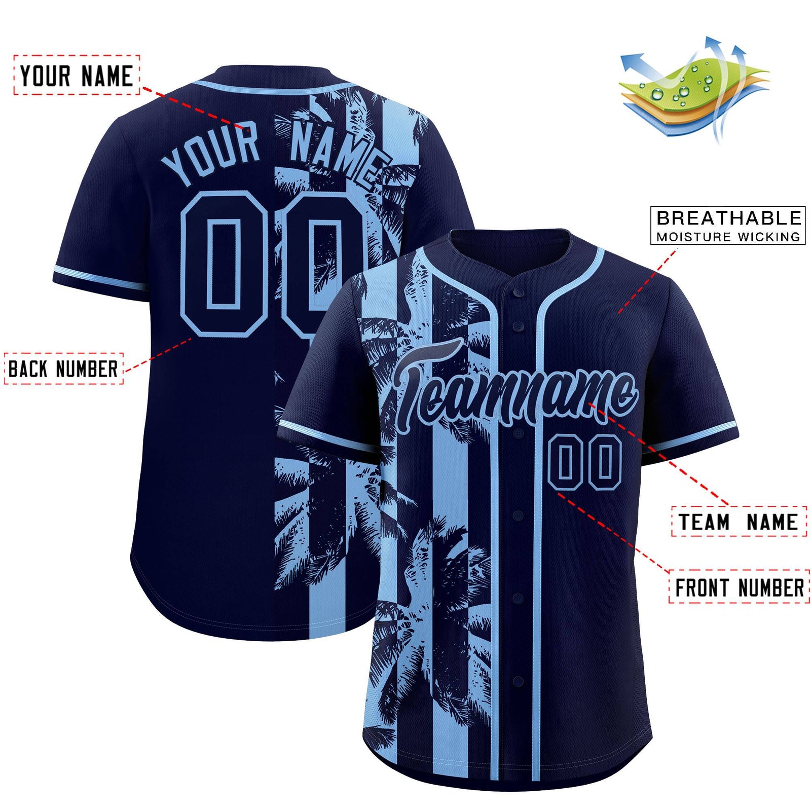 Custom Navy Powder Blue Split Fashion Coconut Tree Design Authentic Baseball Jersey