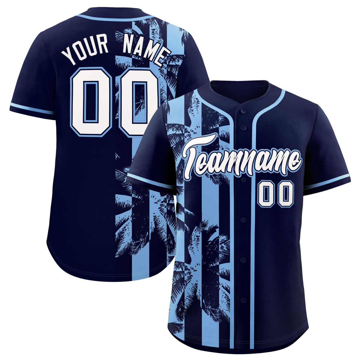 Custom Navy Powder Blue Split Fashion Coconut Tree Design Authentic Baseball Jersey