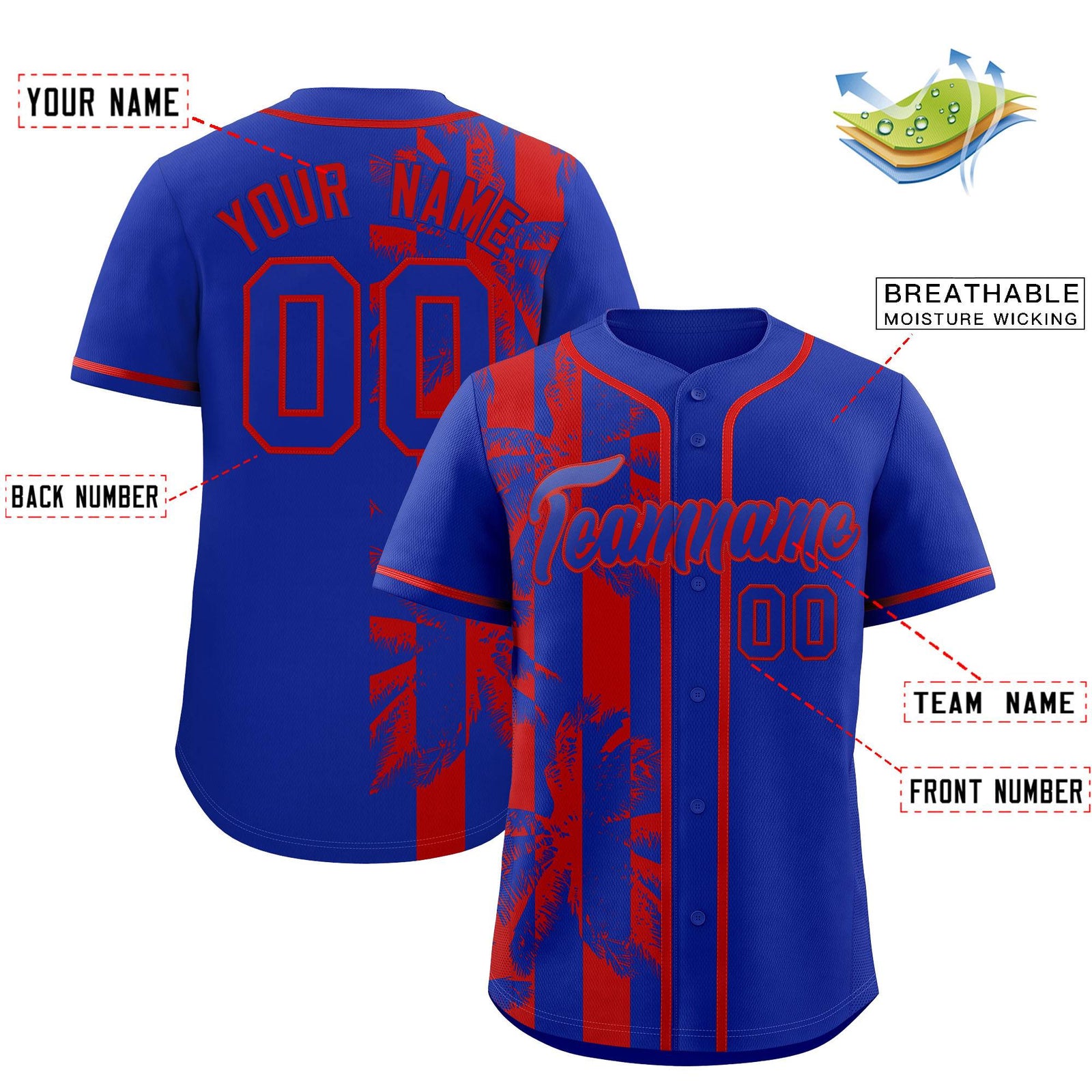Custom Royal Red Split Fashion Coconut Tree Design Authentic Baseball Jersey
