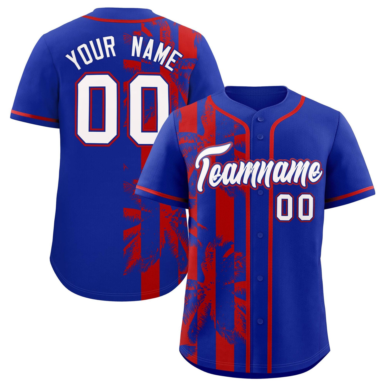 Custom Royal Red Split Fashion Coconut Tree Design Authentic Baseball Jersey